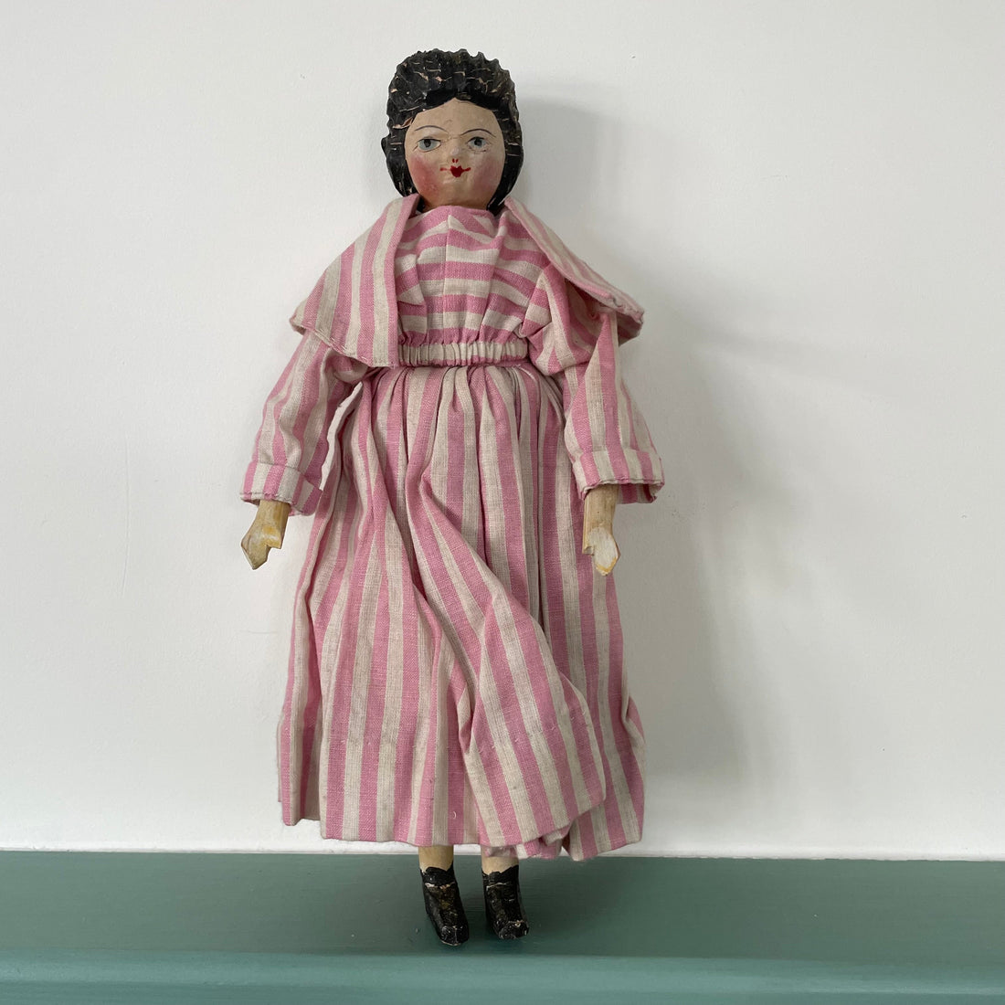 Original 19th Century Grodnertal Wooden Doll with Moulded Hair and Hand-Sewn Clothing