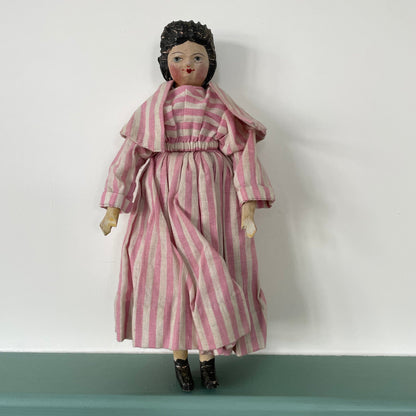 Original 19th Century Grodnertal Wooden Doll with Moulded Hair and Hand-Sewn Clothing
