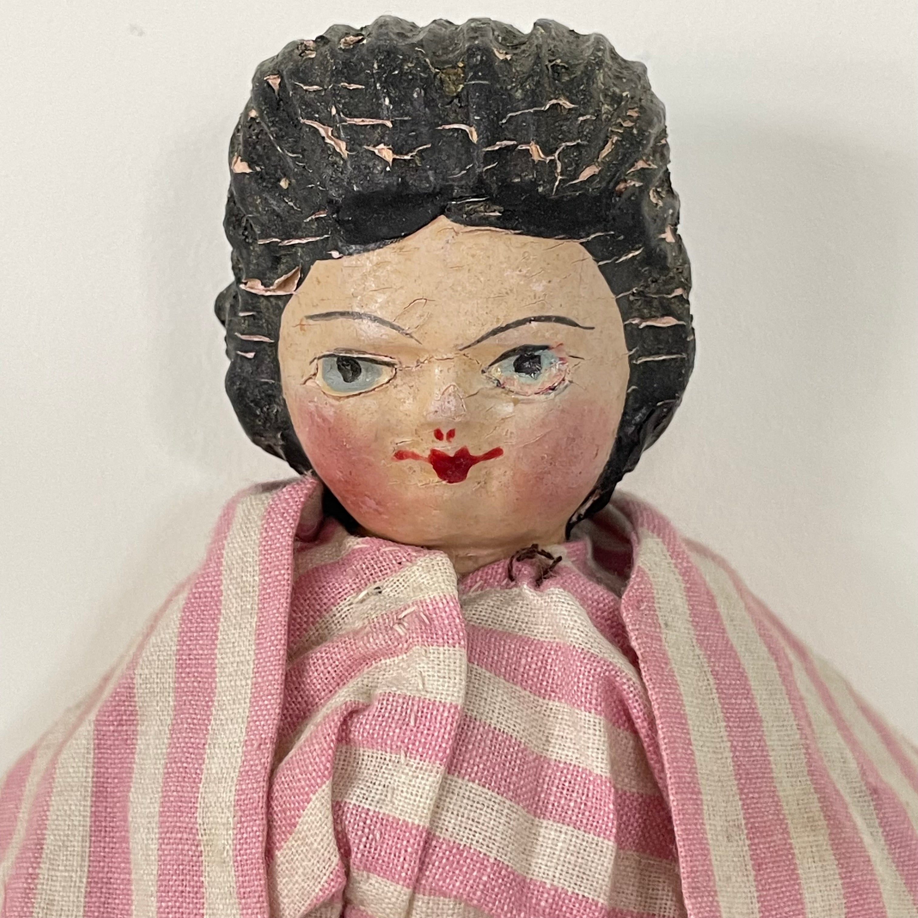 Original 19th Century Grodnertal Wooden Doll with Moulded Hair and Hand-Sewn Clothing