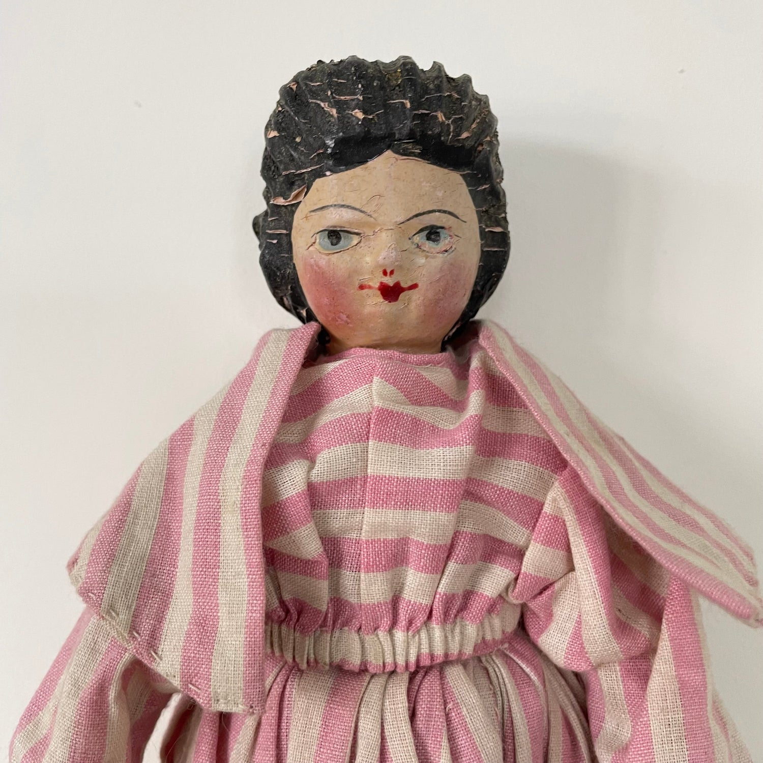 Original 19th Century Grodnertal Wooden Doll with Moulded Hair and Hand-Sewn Clothing