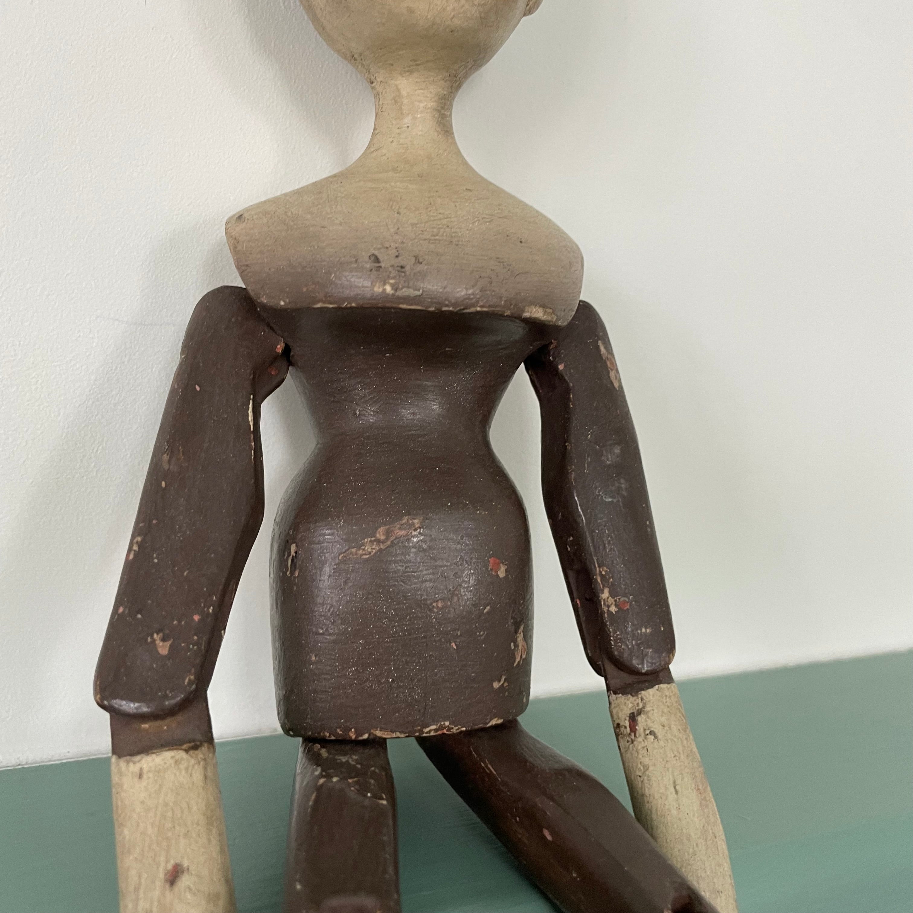 19th Century Grodnertal Tuck Comb Wooden Doll – Hand-Painted Peg Wooden Doll