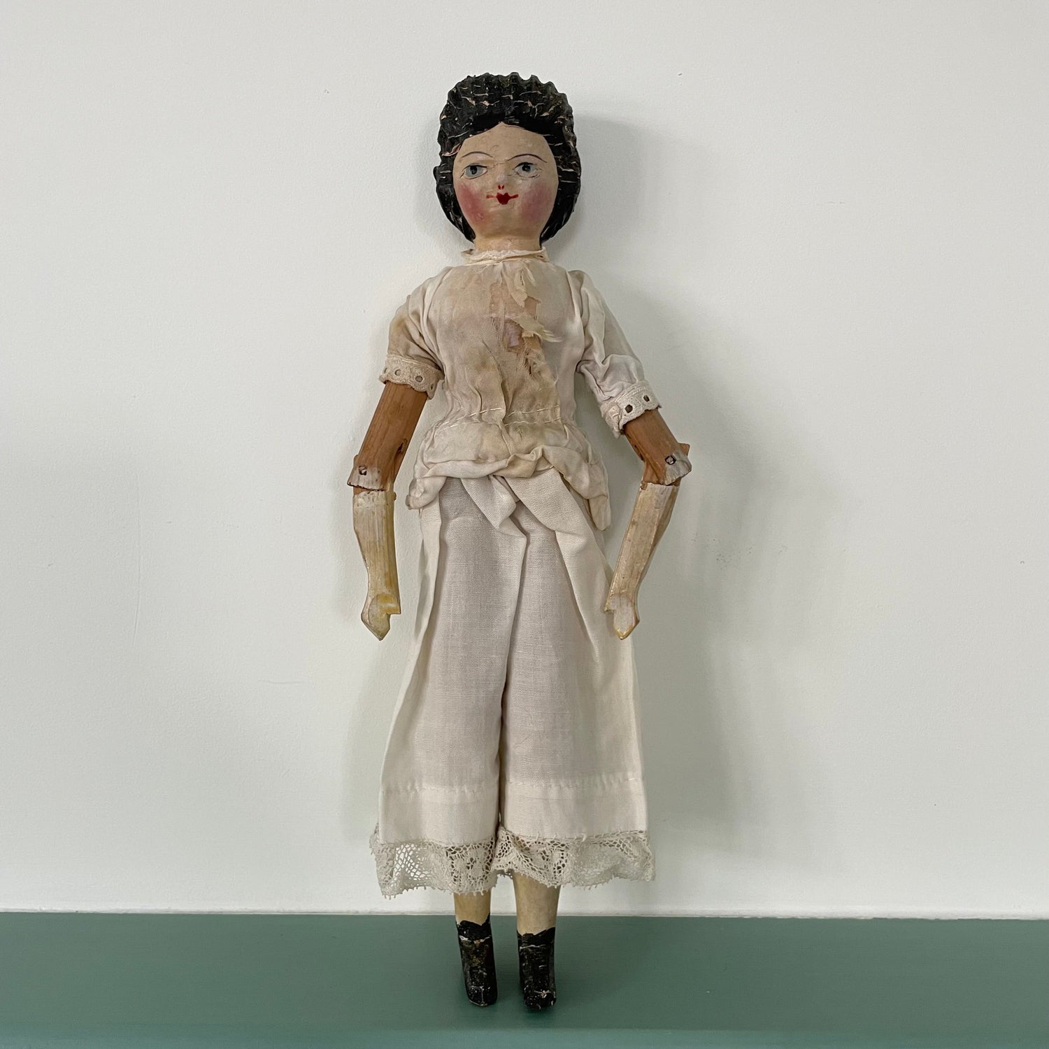 Original 19th Century Grodnertal Wooden Doll with Moulded Hair and Hand-Sewn Clothing