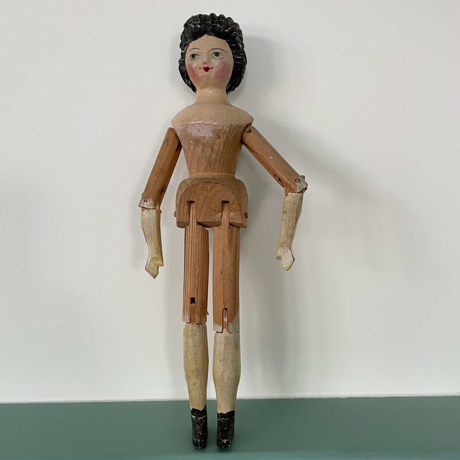Original 19th Century Grodnertal Wooden Doll with Moulded Hair and Hand-Sewn Clothing