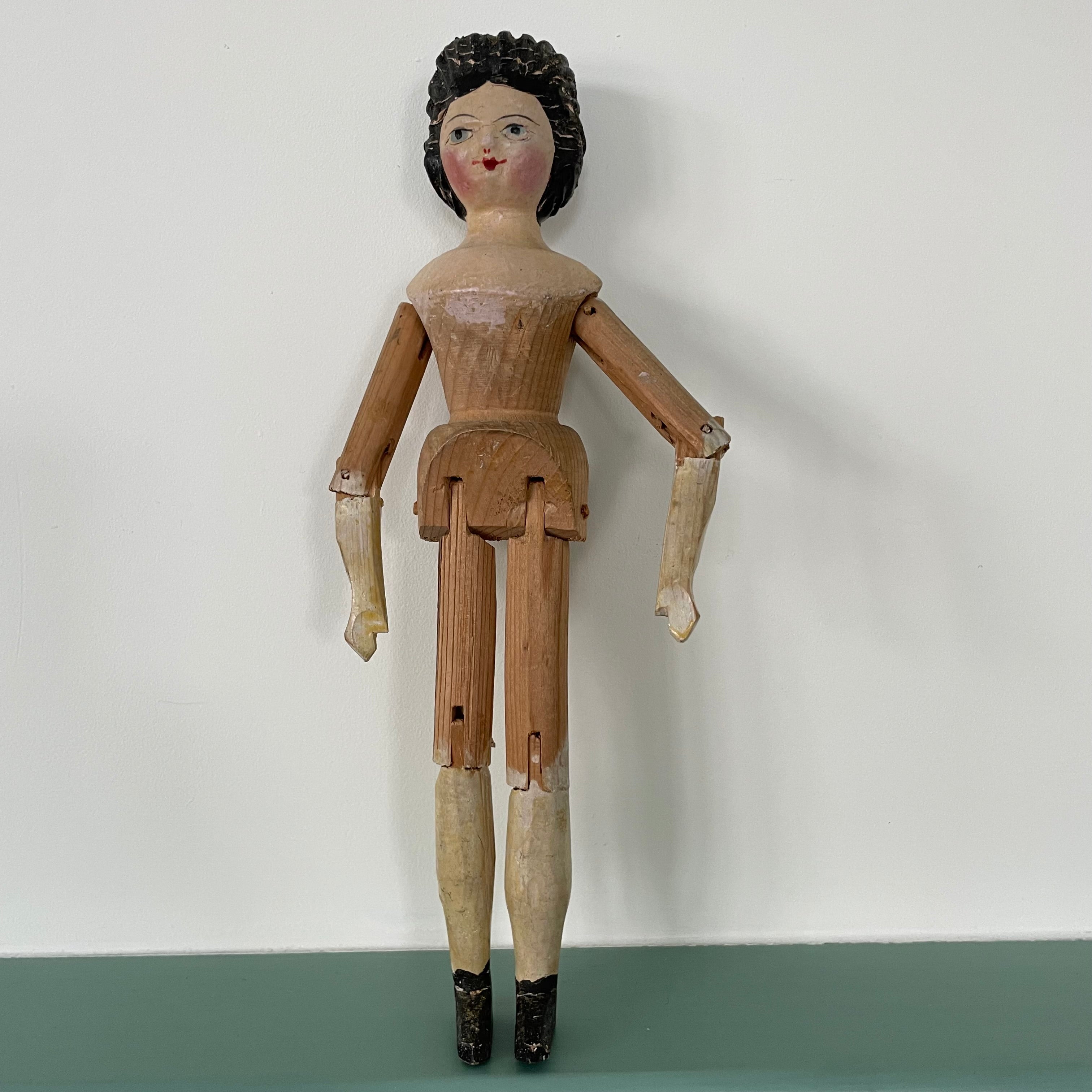 Original 19th Century Grodnertal Wooden Doll with Moulded Hair and Hand-Sewn Clothing