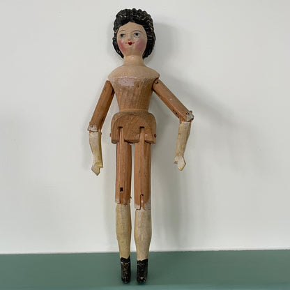 Original 19th Century Grodnertal Wooden Doll with Moulded Hair and Hand-Sewn Clothing