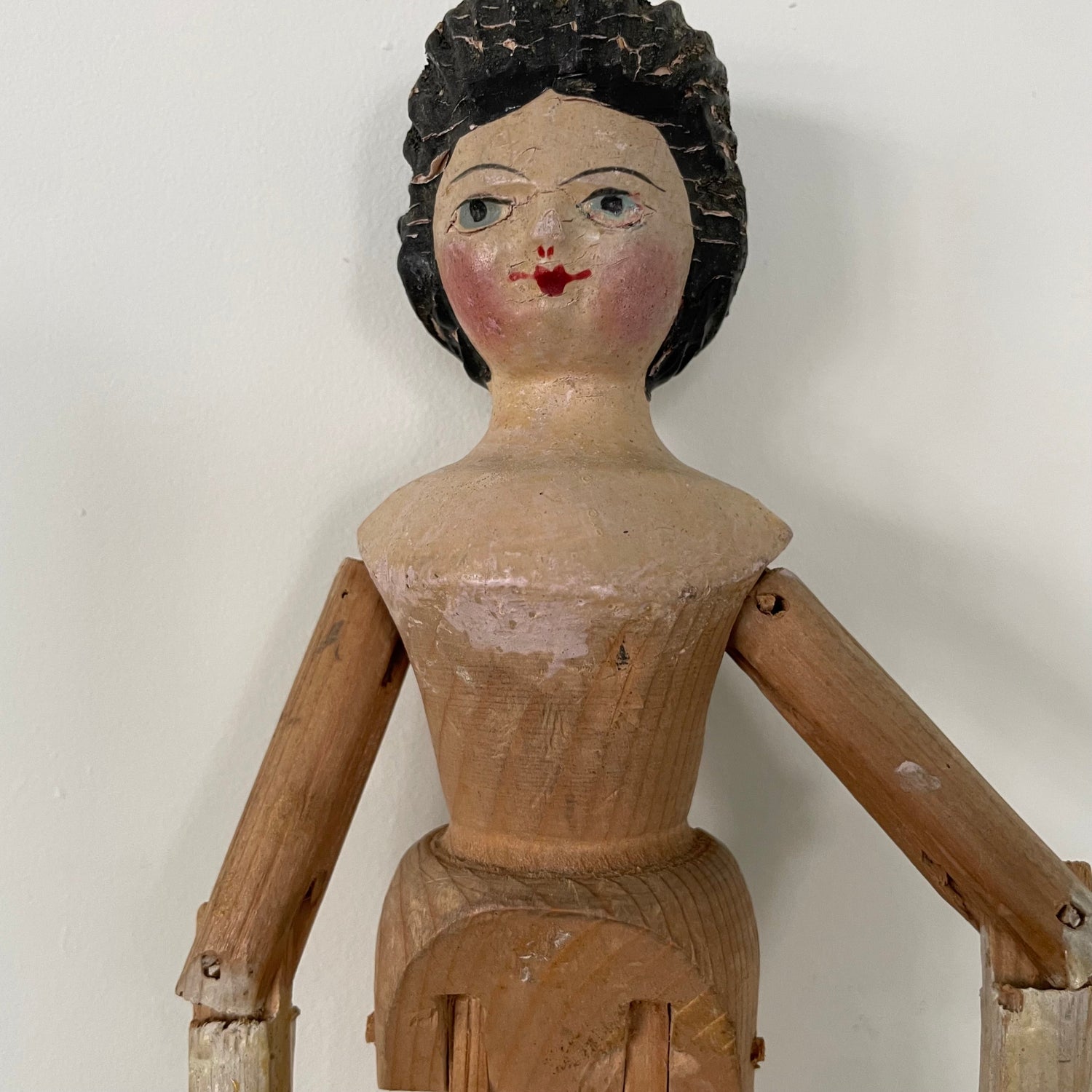 Original 19th Century Grodnertal Wooden Doll with Moulded Hair and Hand-Sewn Clothing