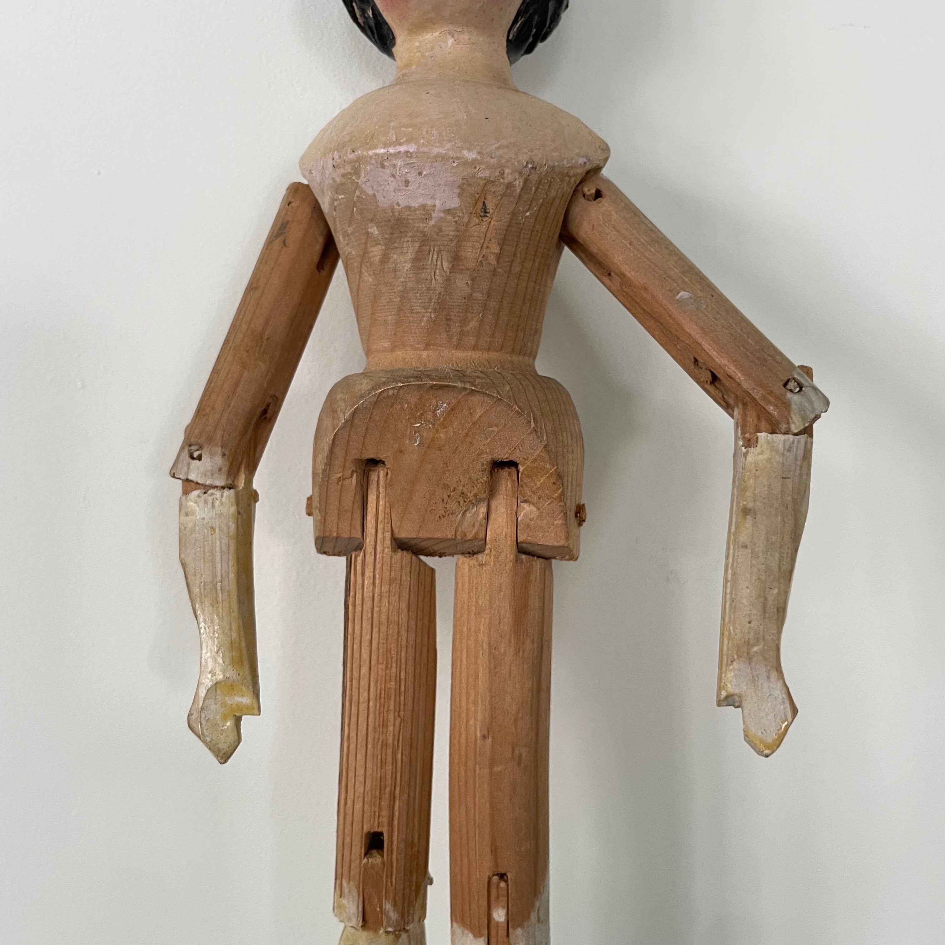 Original 19th Century Grodnertal Wooden Doll with Moulded Hair and Hand-Sewn Clothing