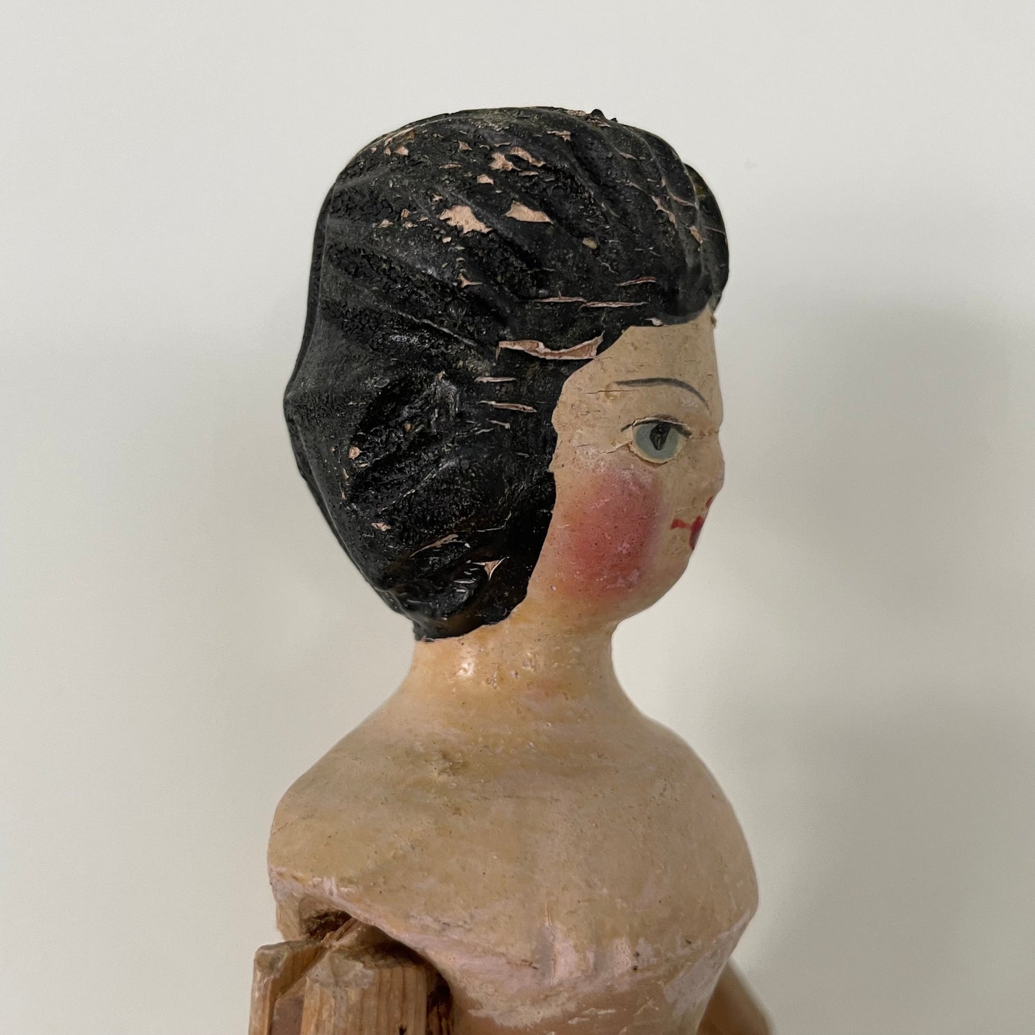 Original 19th Century Grodnertal Wooden Doll with Moulded Hair and Hand-Sewn Clothing