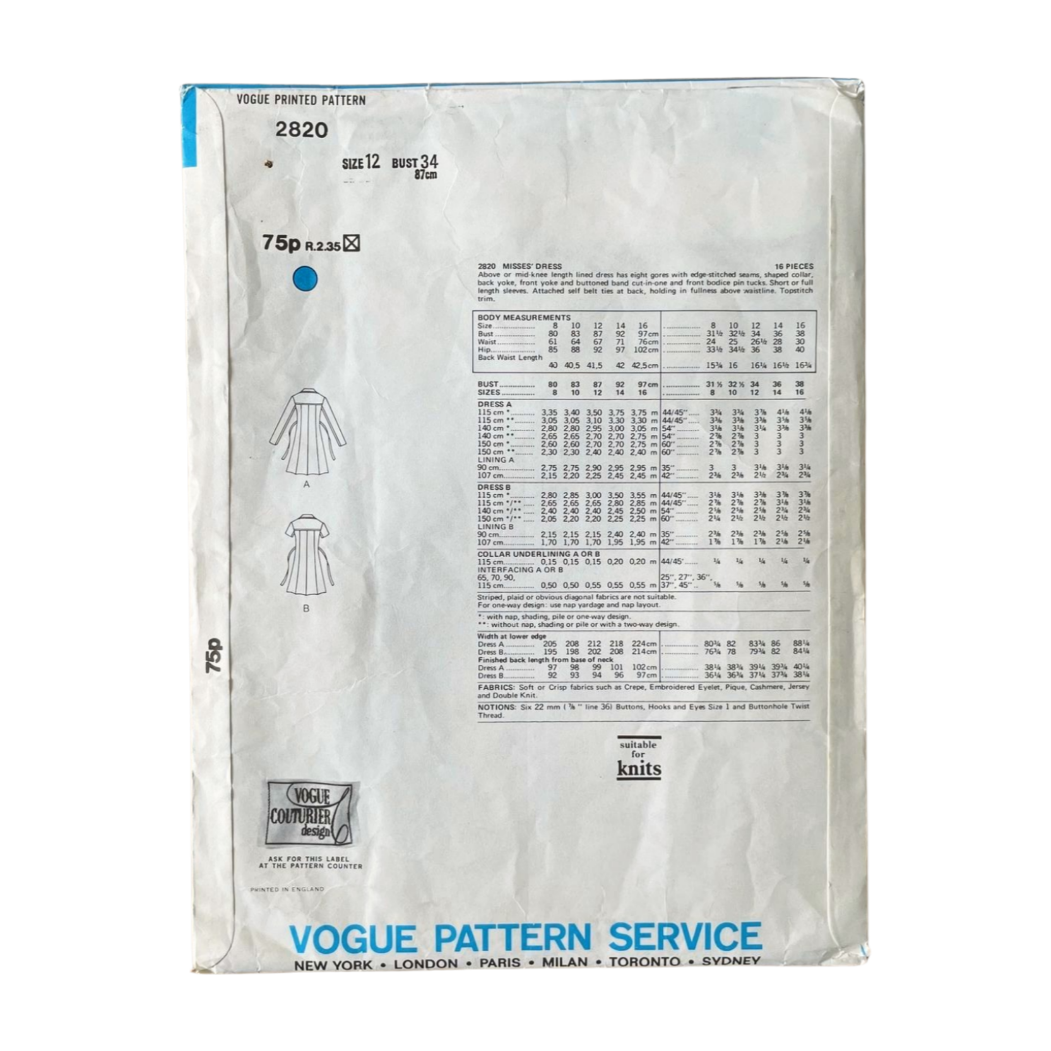 Vogue 2820 Womens Size 10 Dress FF