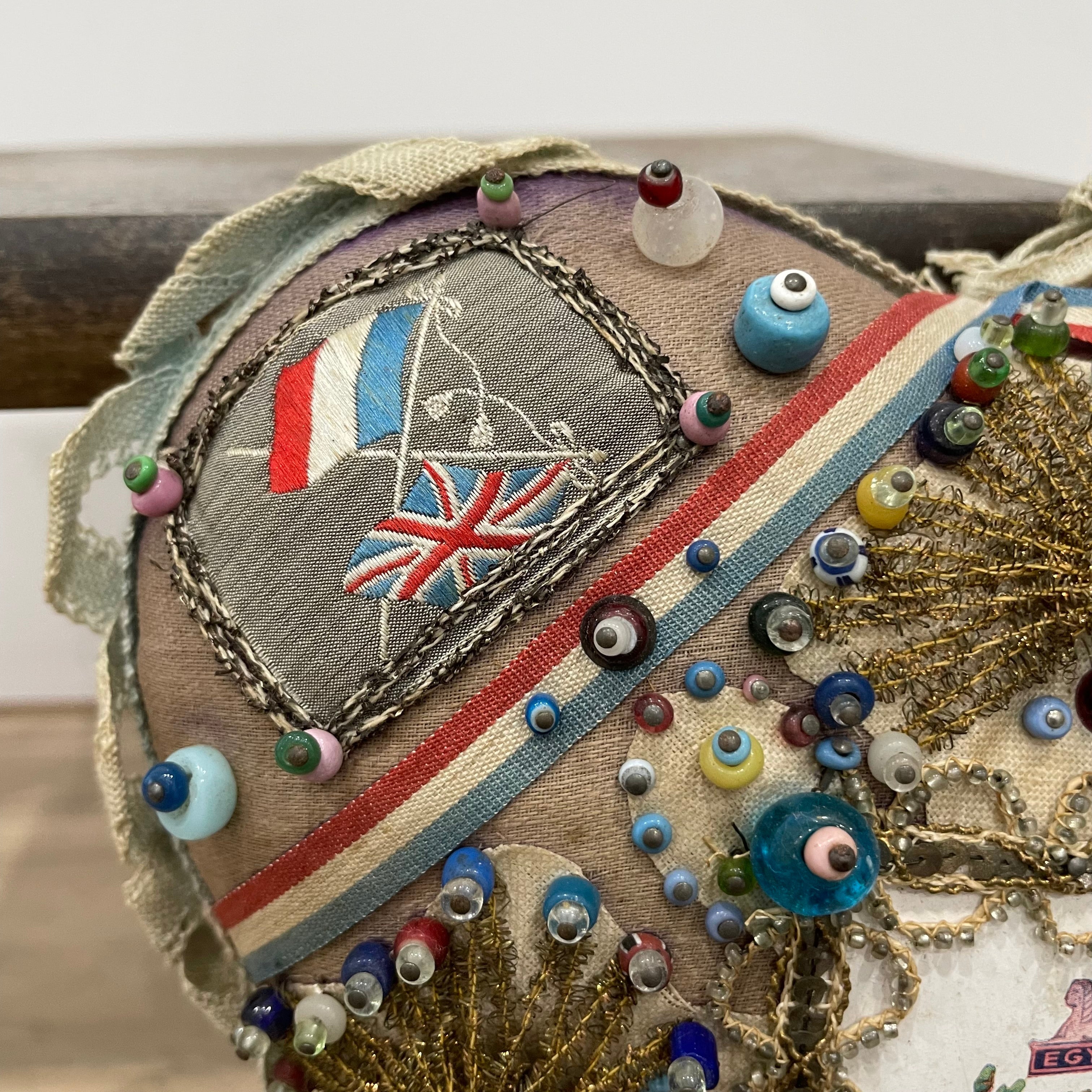 WW1 Beaded Heart Pin Cushion – Essex Regiment Egypt Badge – Patriotic Trench Art Souvenir