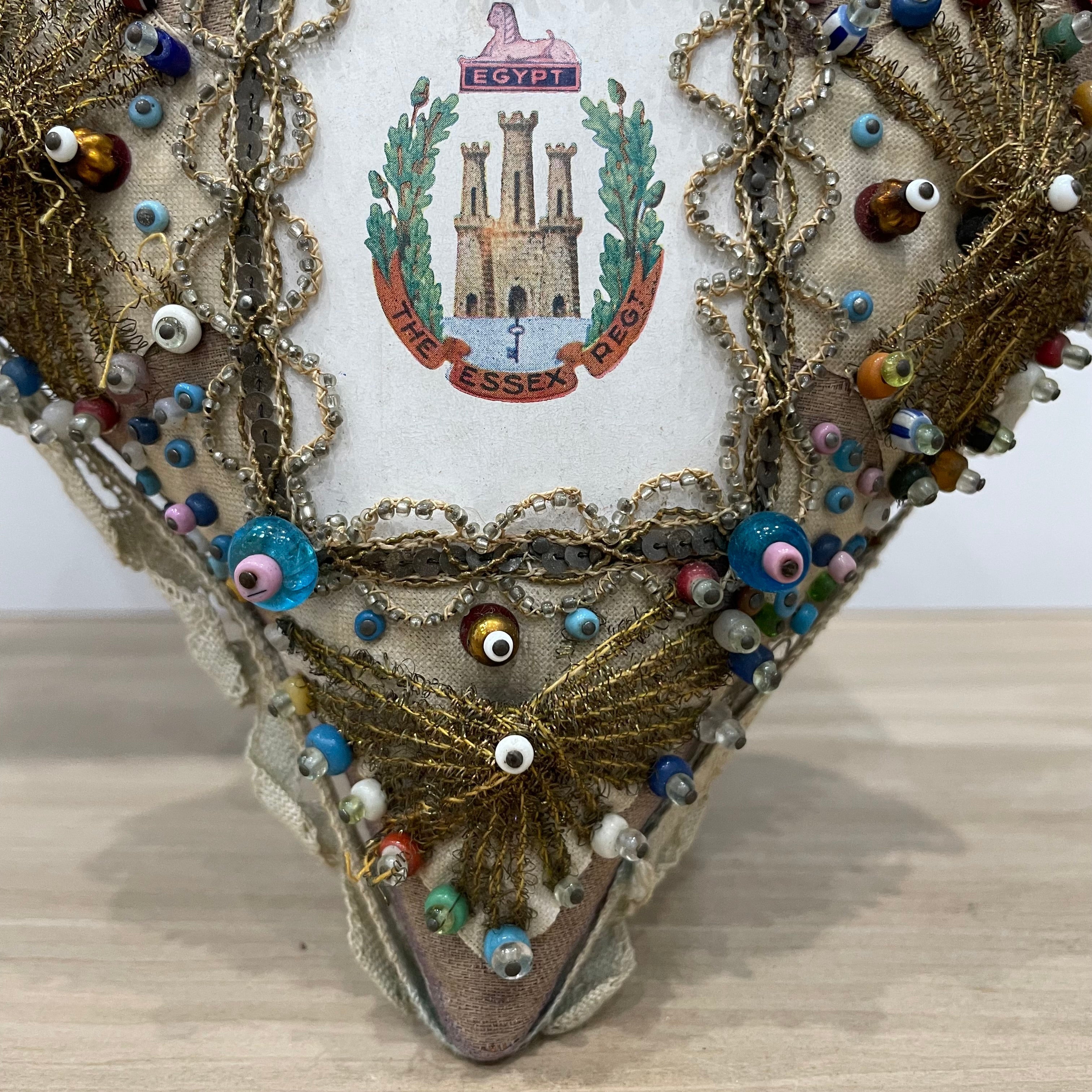 WW1 Beaded Heart Pin Cushion – Essex Regiment Egypt Badge – Patriotic Trench Art Souvenir