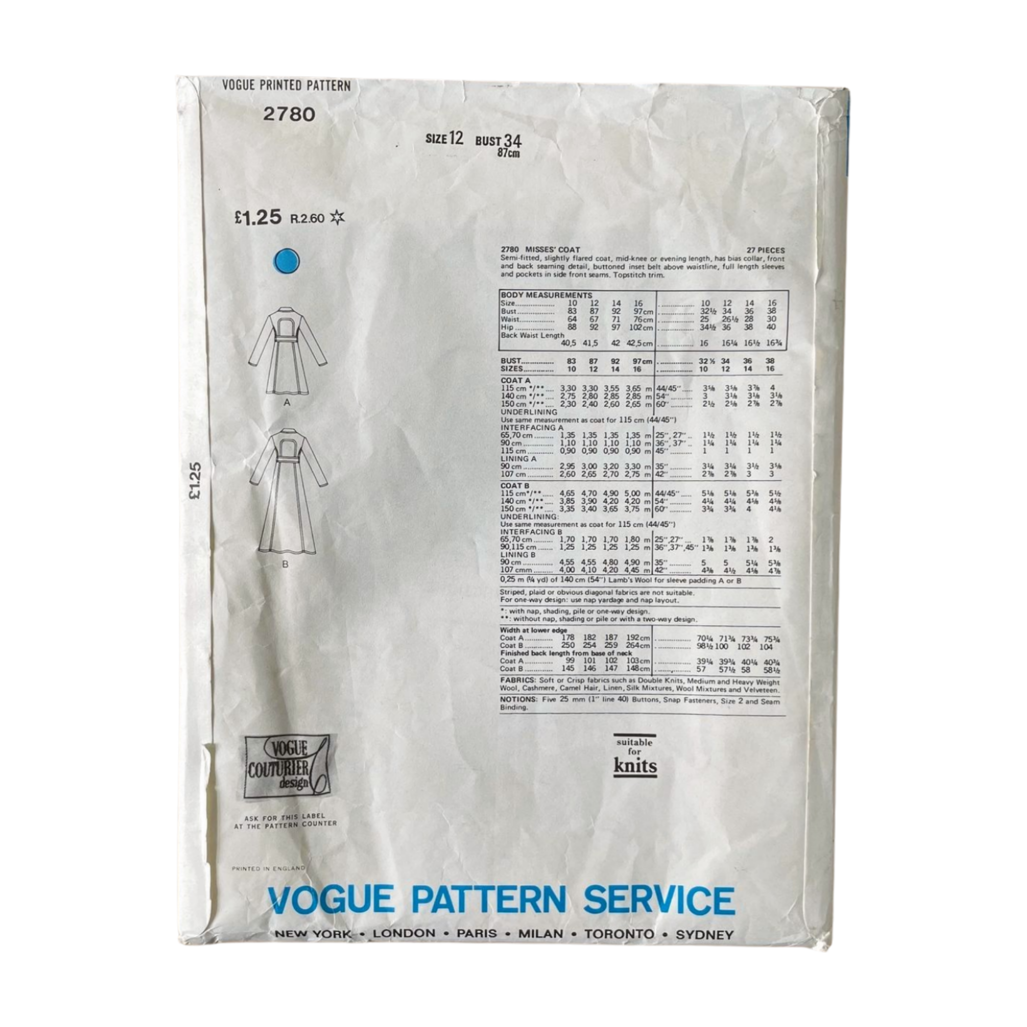 Vogue 2780 Womens Size 10 Coat FF
