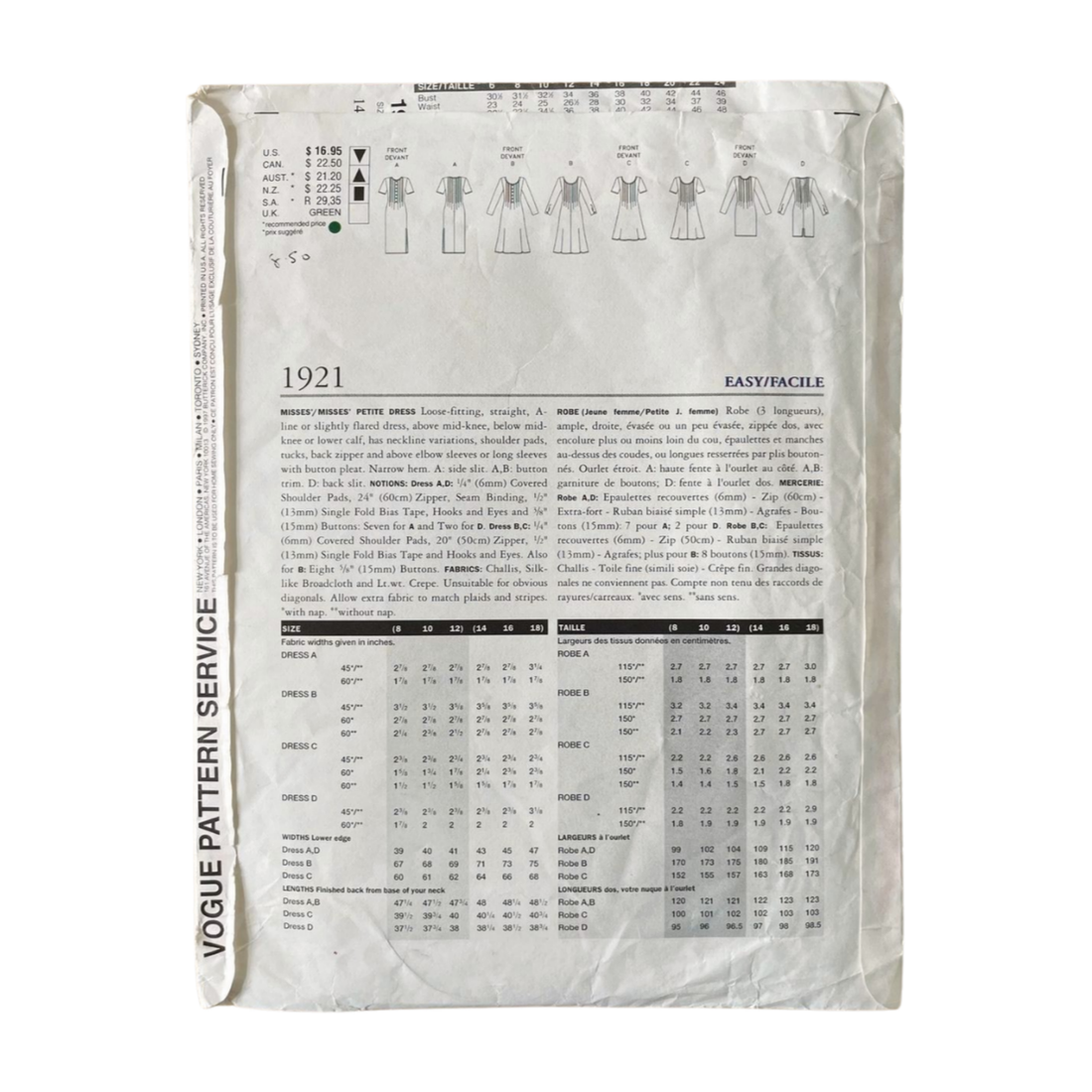 Vogue 1921 Womens Size 12-16 Petite Dress FF