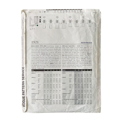 Vogue 1921 Womens Size 12-16 Petite Dress FF