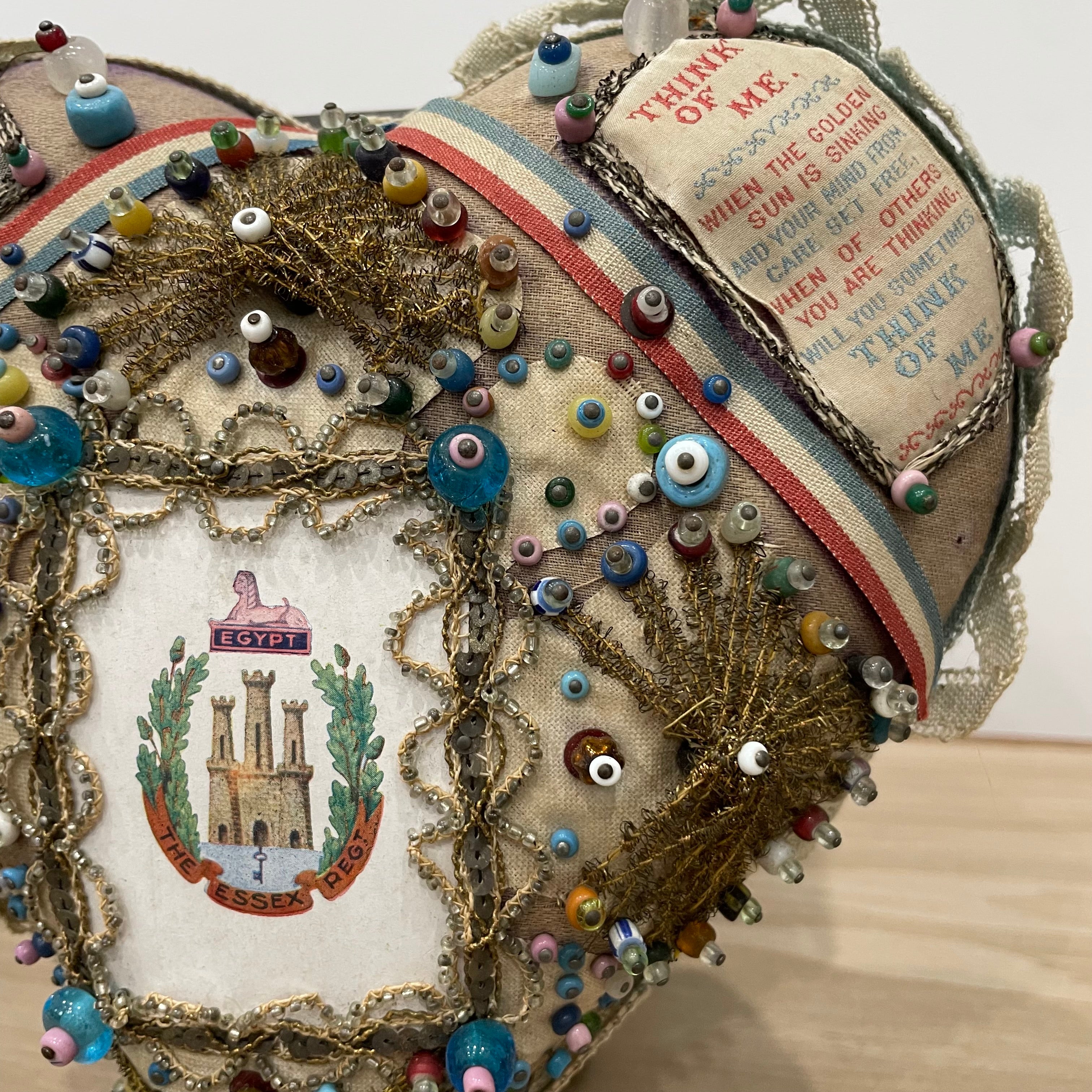WW1 Beaded Heart Pin Cushion – Essex Regiment Egypt Badge – Patriotic Trench Art Souvenir