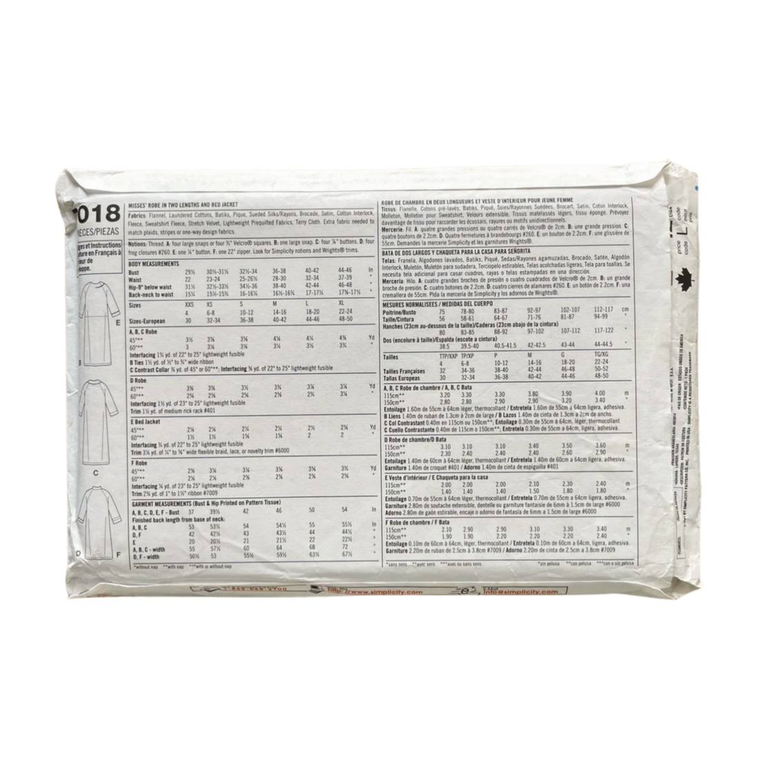 Simplicity 7018 Womens Size M-XL Dressing Gown FF