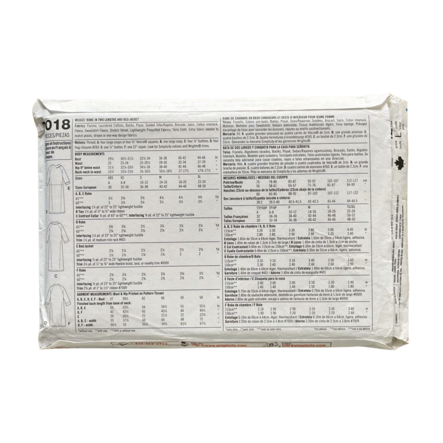 Simplicity 7018 Womens Size M-XL Dressing Gown FF