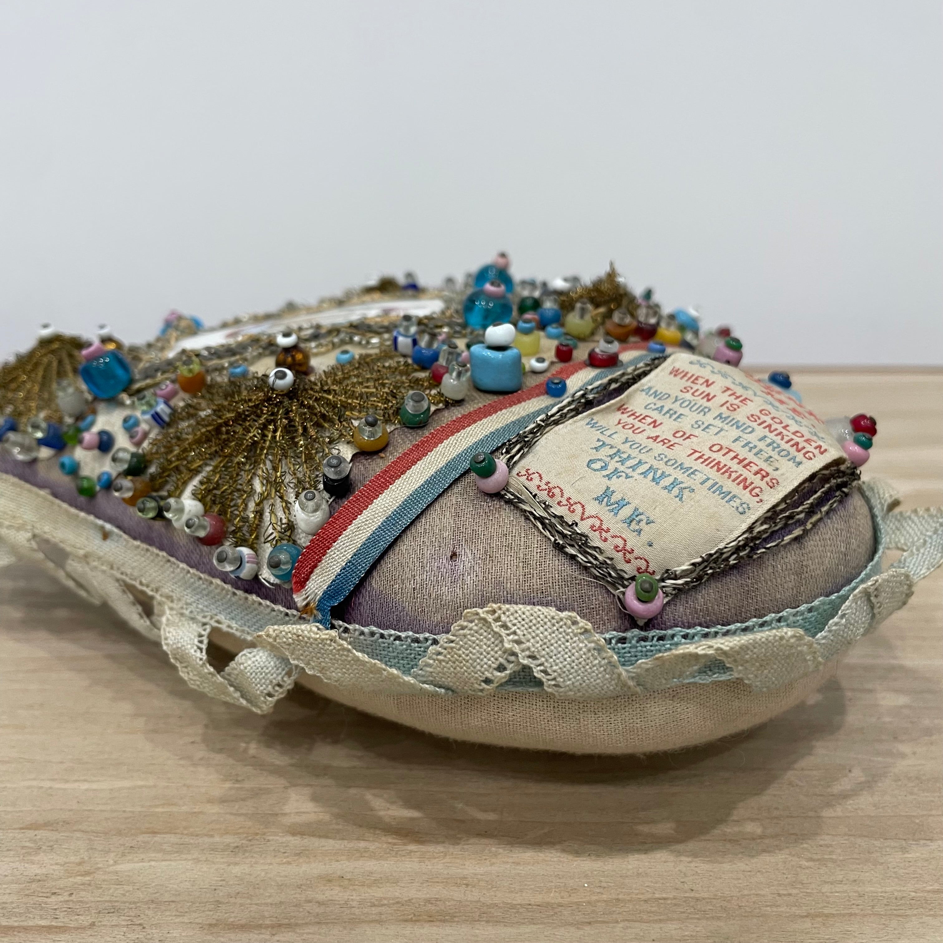 WW1 Beaded Heart Pin Cushion – Essex Regiment Egypt Badge – Patriotic Trench Art Souvenir