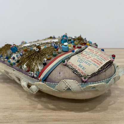 WW1 Beaded Heart Pin Cushion – Essex Regiment Egypt Badge – Patriotic Trench Art Souvenir