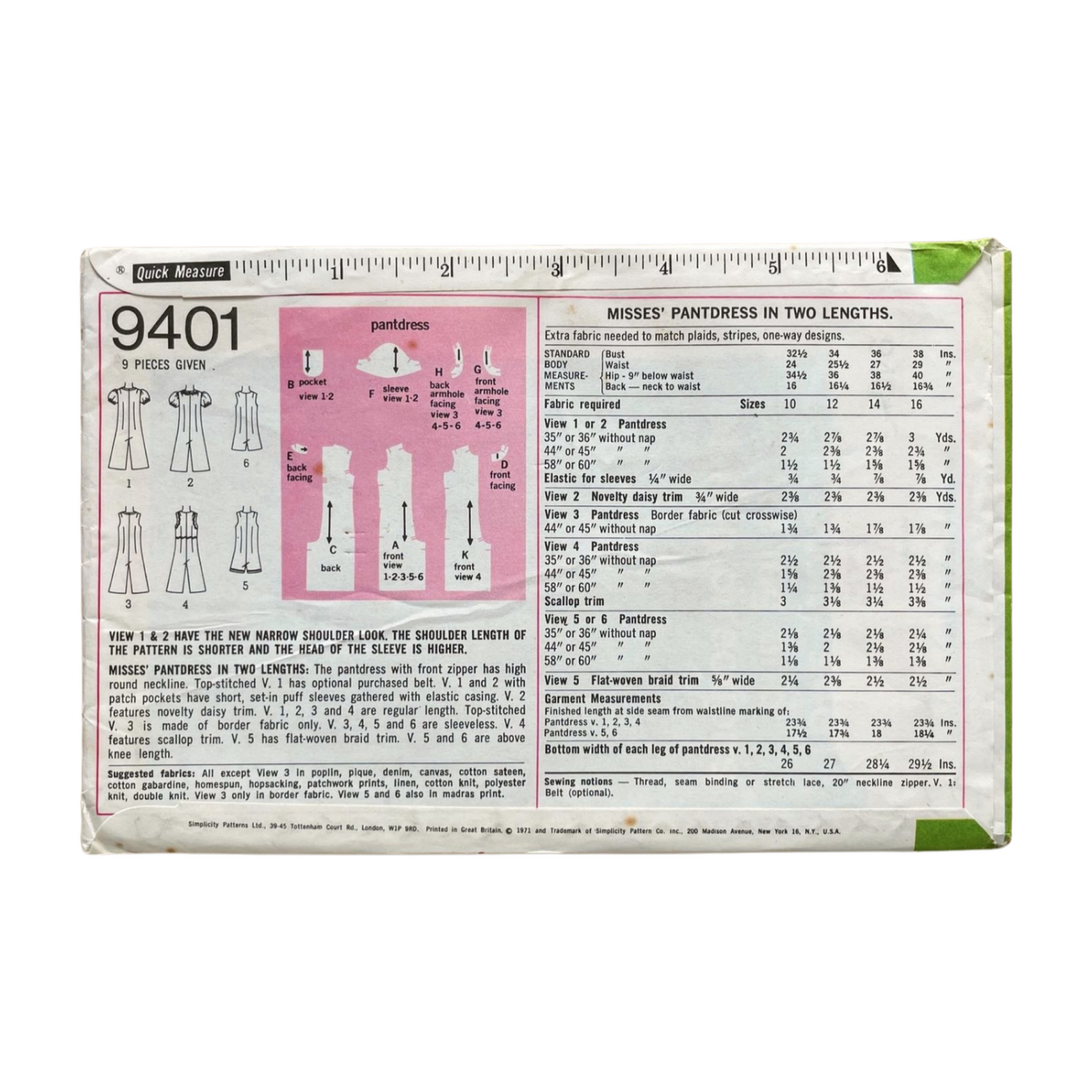 Simplicity 9401 Womens Size 10 Pantdress Jumpsuit FF