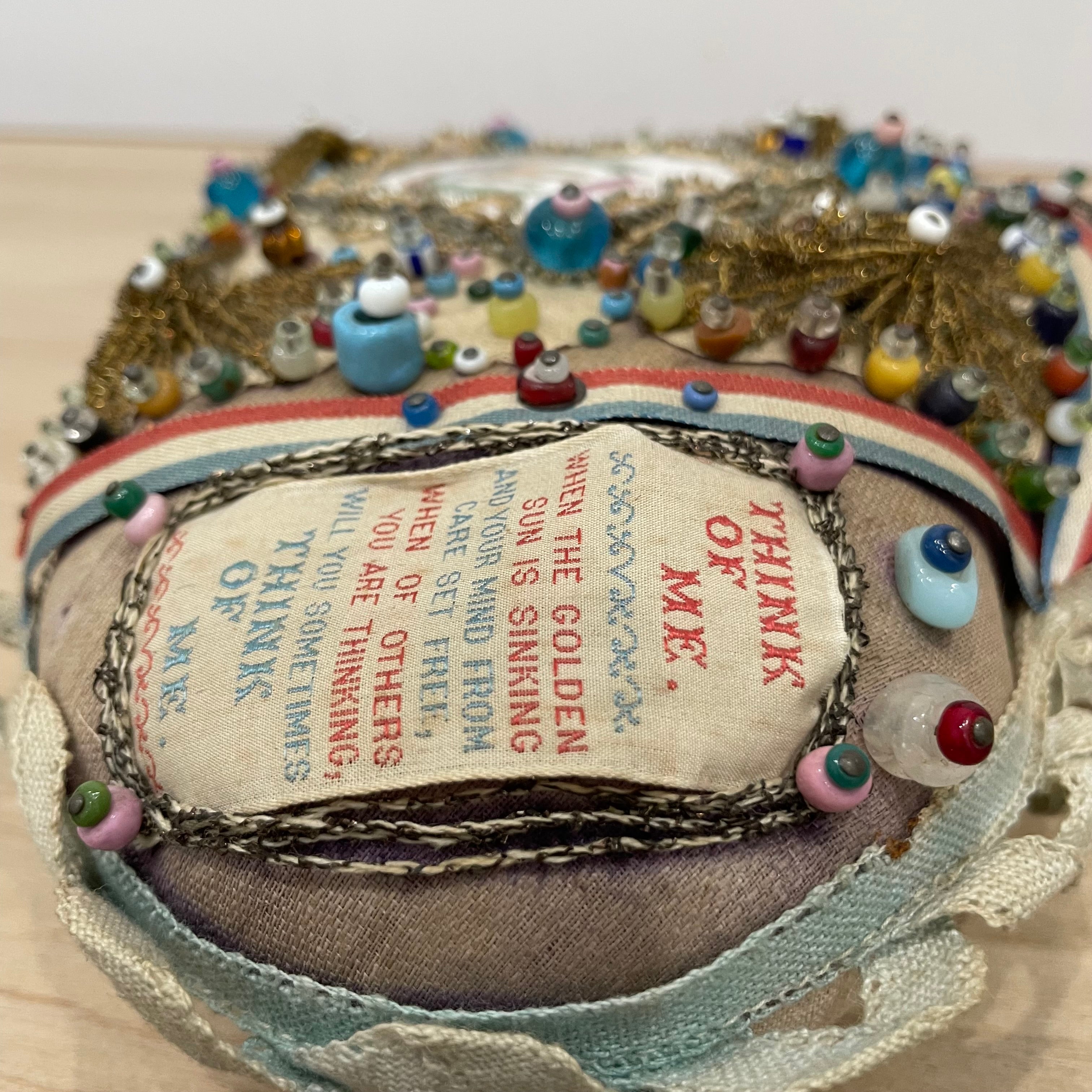 WW1 Beaded Heart Pin Cushion – Essex Regiment Egypt Badge – Patriotic Trench Art Souvenir