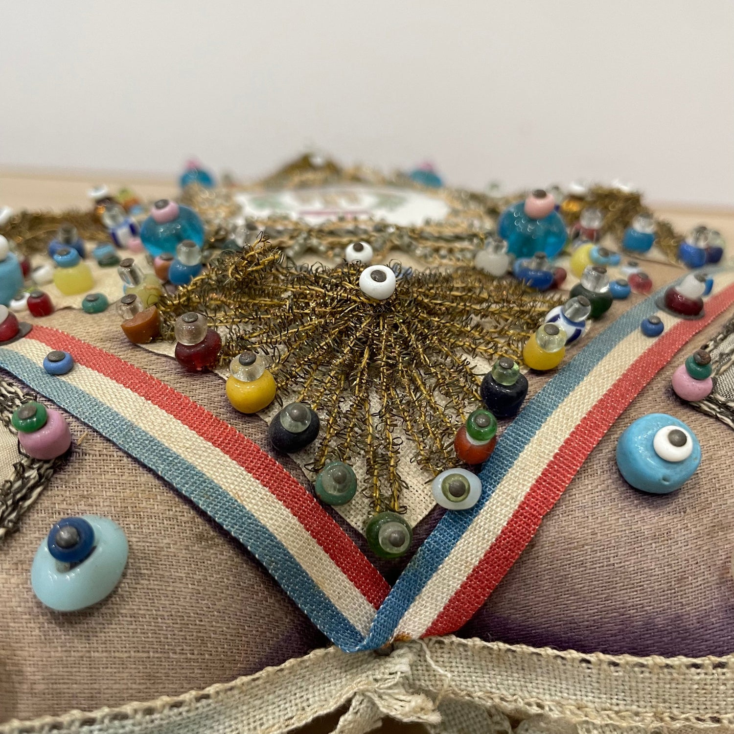 WW1 Beaded Heart Pin Cushion – Essex Regiment Egypt Badge – Patriotic Trench Art Souvenir