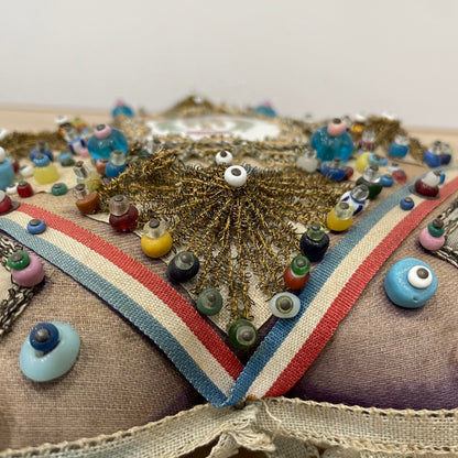 WW1 Beaded Heart Pin Cushion – Essex Regiment Egypt Badge – Patriotic Trench Art Souvenir