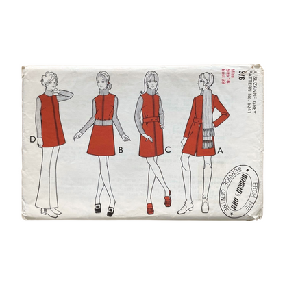 Vintage sewing pattern packaging with illustrations of a woman wearing a red dress and coat.