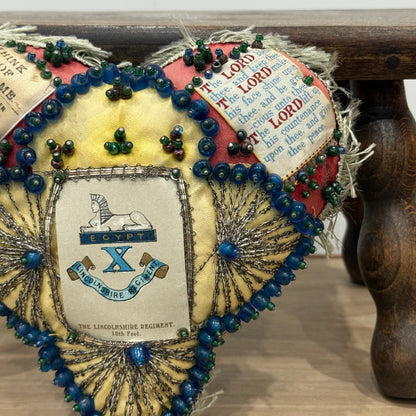 WW1 Beaded Heart Pin Cushion – Lincolnshire Regiment 10th Foot – Egypt Sphinx