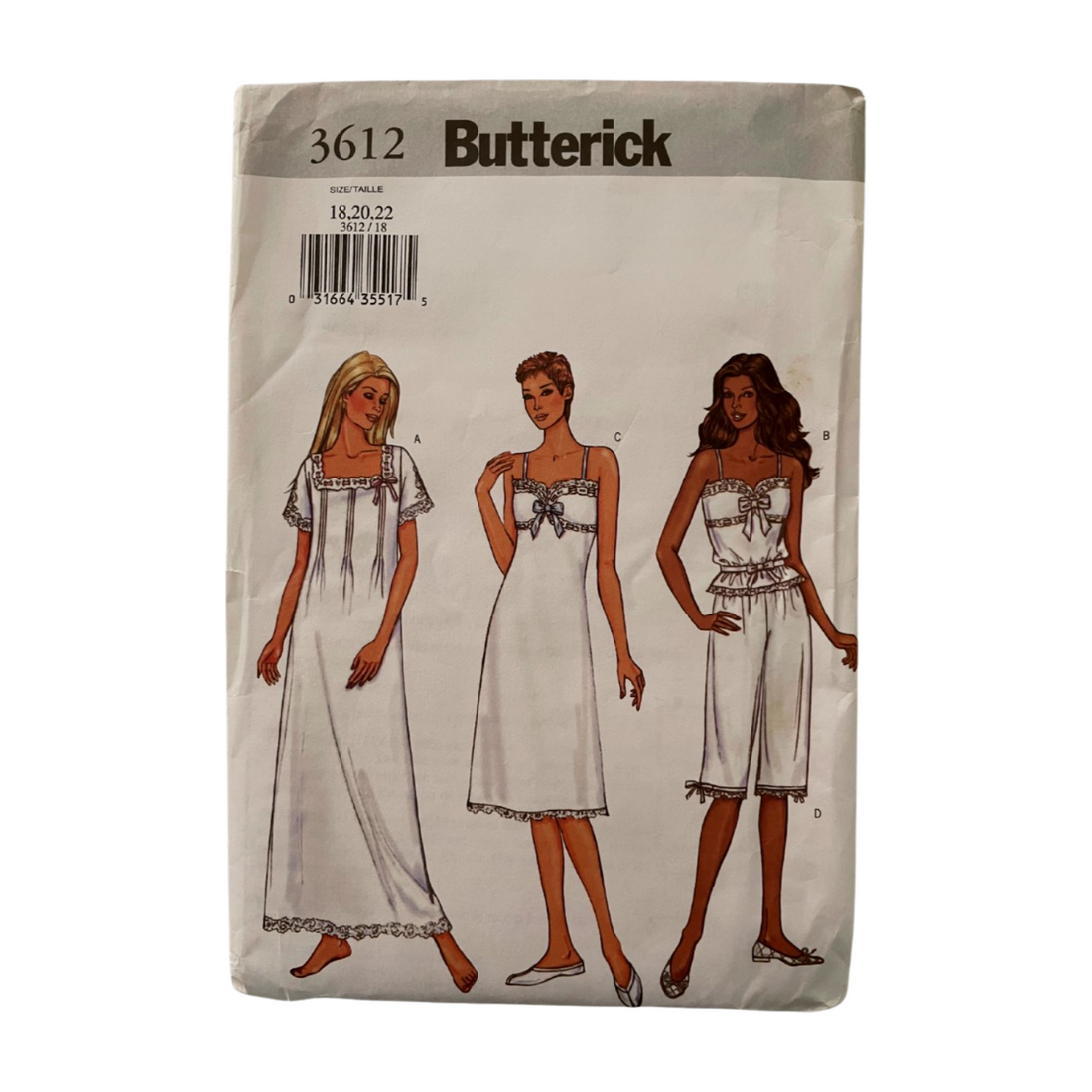 Butterick 3612 Womens Size 16-20 UK Petite Nightdress Top Bottoms FF