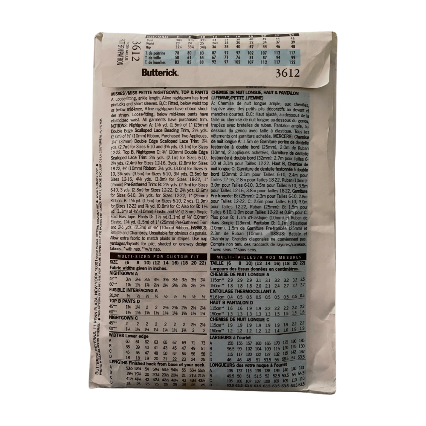 Butterick 3612 Womens Size 16-20 UK Petite Nightdress Top Bottoms FF