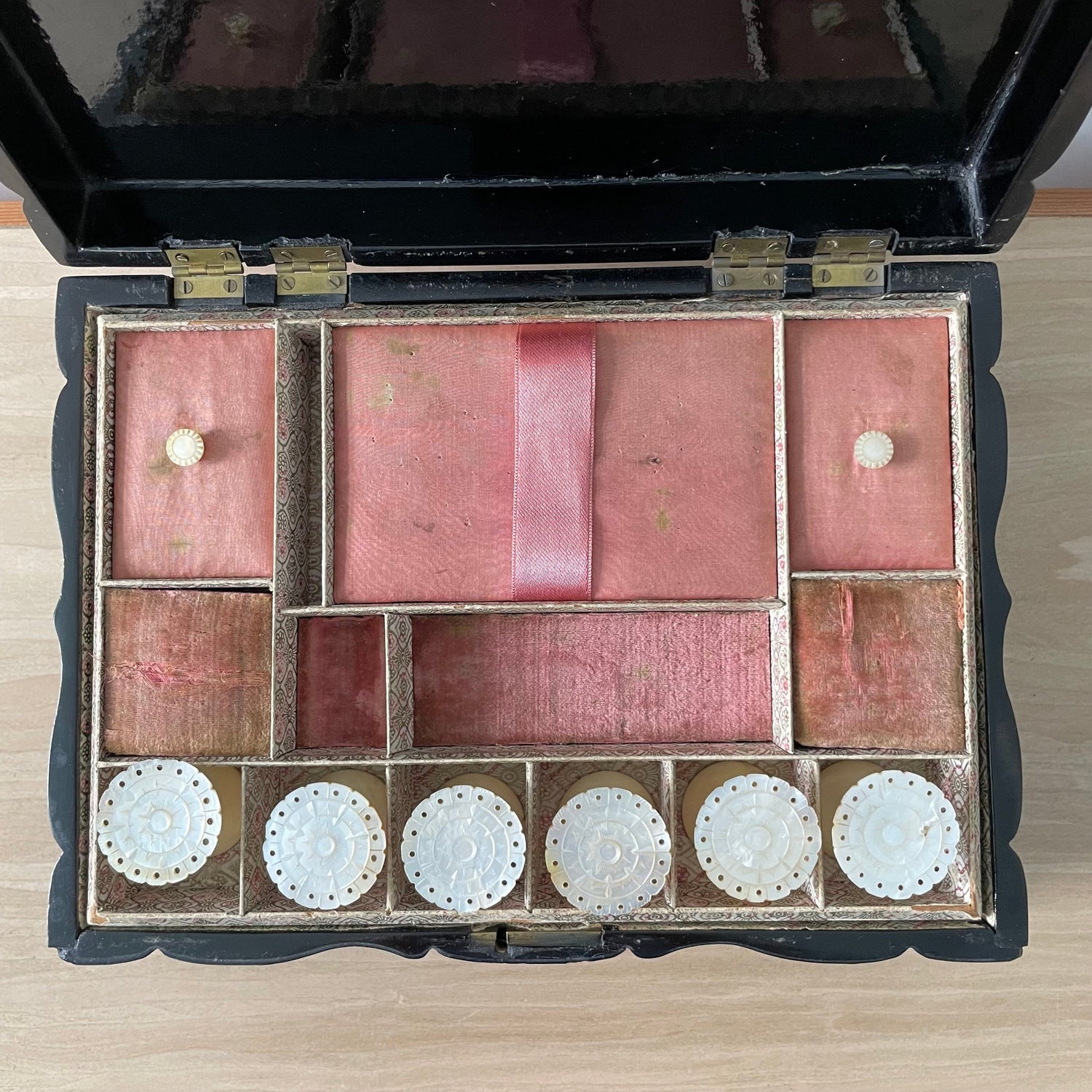 Antique Papier Mâché Sewing Box with Mother-of-Pearl Reels (c.1840)