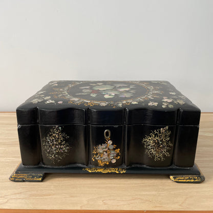 Antique Papier Mâché Sewing Box with Mother-of-Pearl Reels (c.1840)