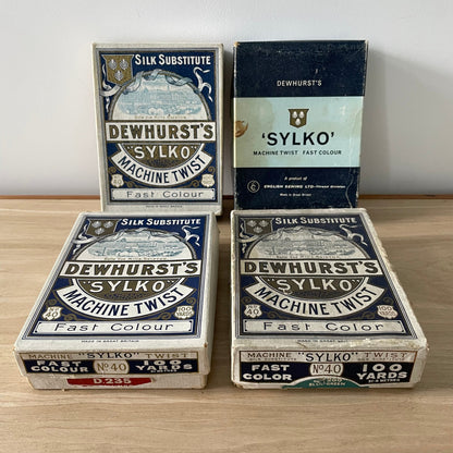 Collection of Dewhurst Sylko Machine Twist Thread Boxes – 1920s to 1970s
