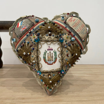 WW1 Beaded Heart Pin Cushion – Essex Regiment Egypt Badge – Patriotic Trench Art Souvenir