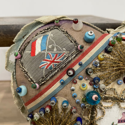 WW1 Beaded Heart Pin Cushion – Essex Regiment Egypt Badge – Patriotic Trench Art Souvenir