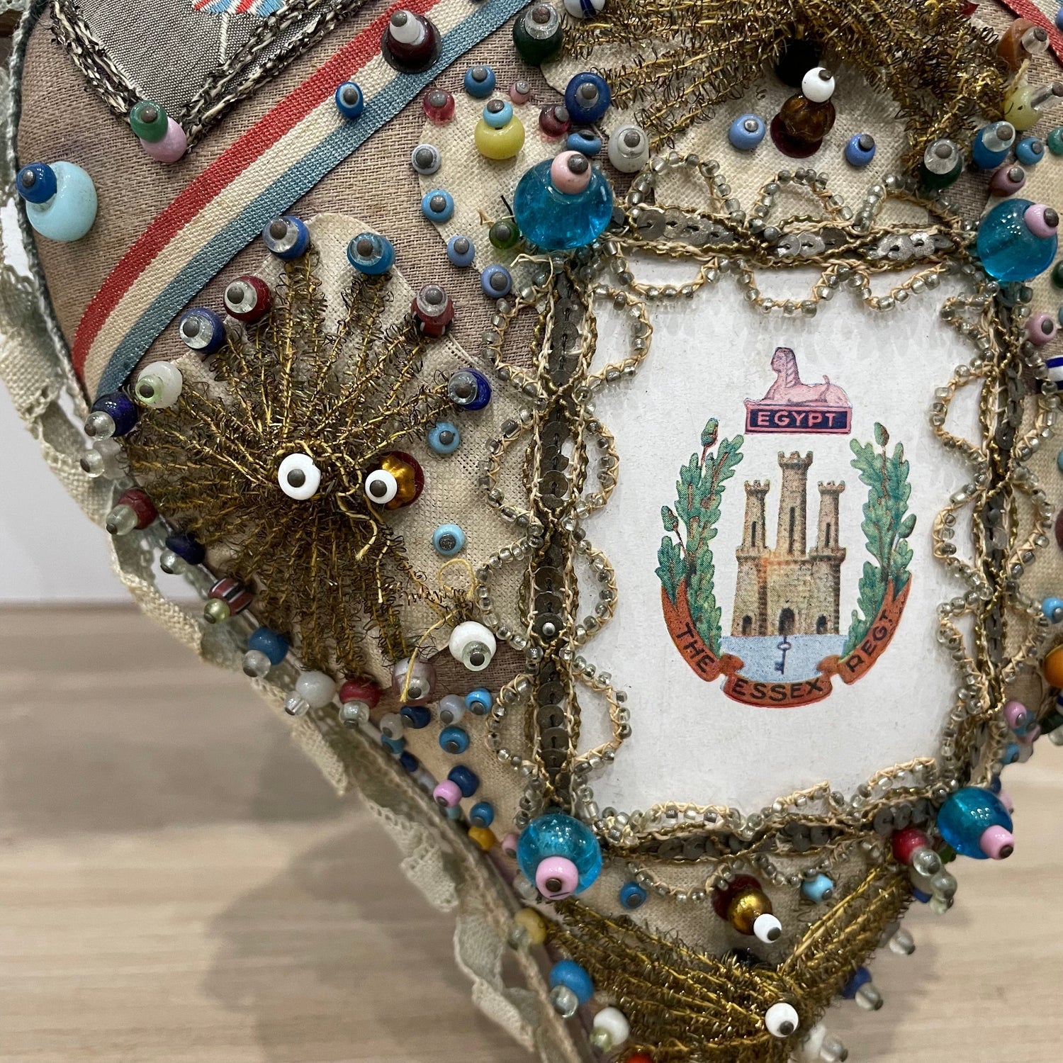 WW1 Beaded Heart Pin Cushion – Essex Regiment Egypt Badge – Patriotic Trench Art Souvenir