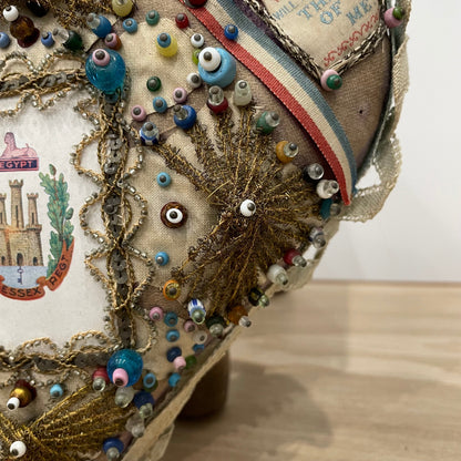 WW1 Beaded Heart Pin Cushion – Essex Regiment Egypt Badge – Patriotic Trench Art Souvenir