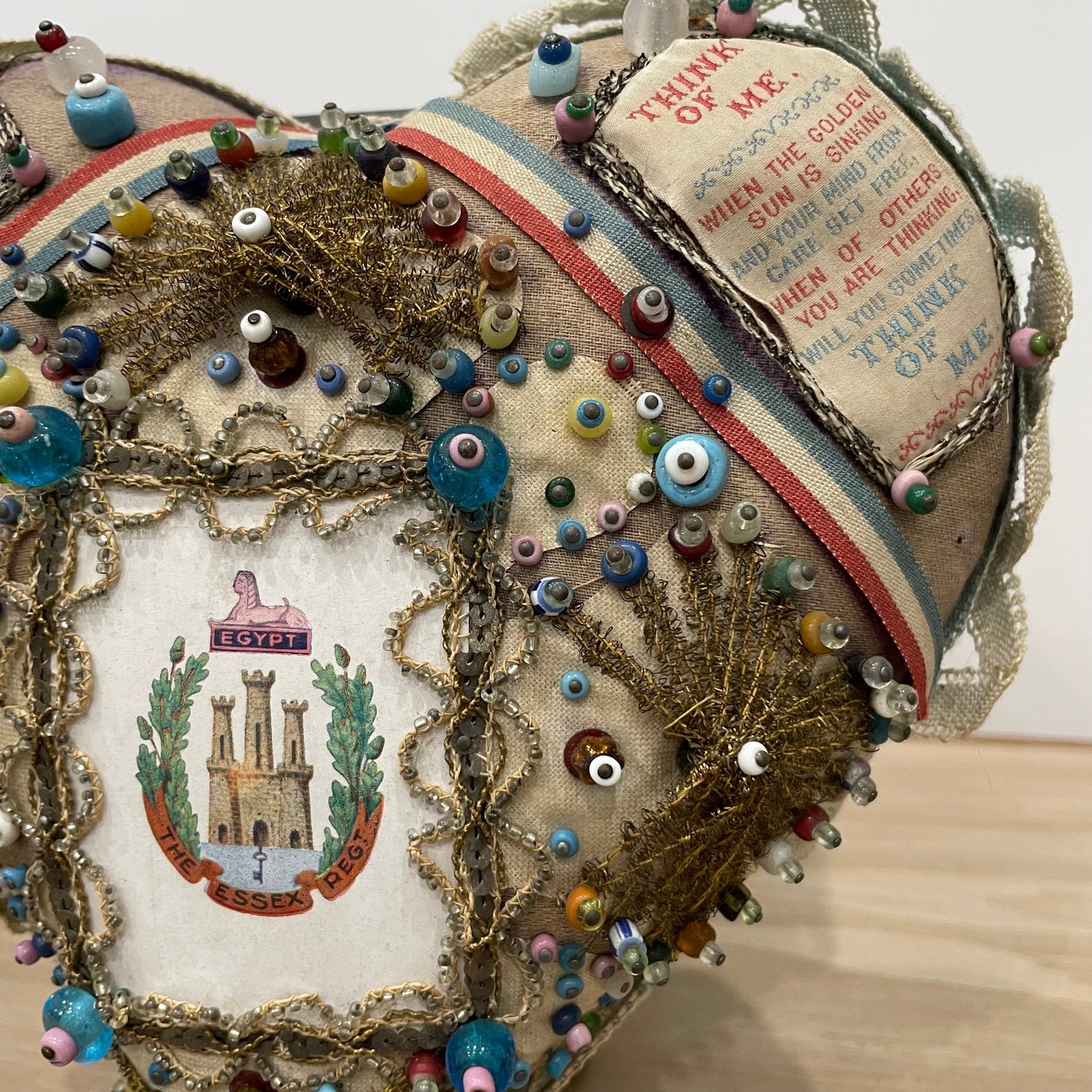 WW1 Beaded Heart Pin Cushion – Essex Regiment Egypt Badge – Patriotic Trench Art Souvenir