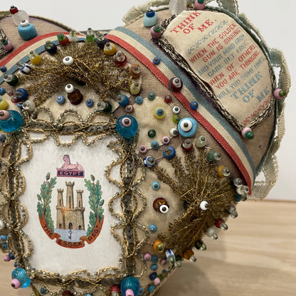 WW1 Beaded Heart Pin Cushion – Essex Regiment Egypt Badge – Patriotic Trench Art Souvenir