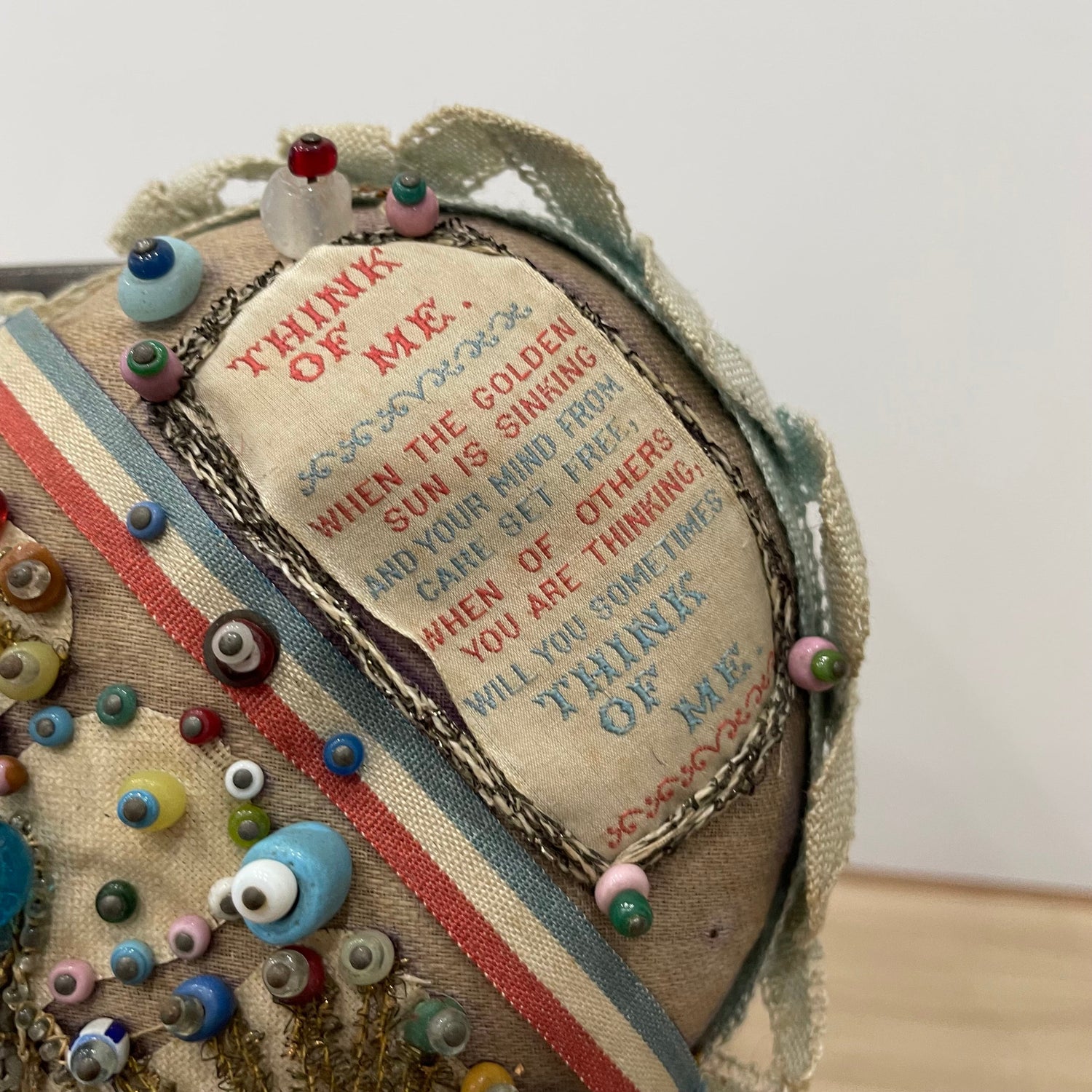 WW1 Beaded Heart Pin Cushion – Essex Regiment Egypt Badge – Patriotic Trench Art Souvenir