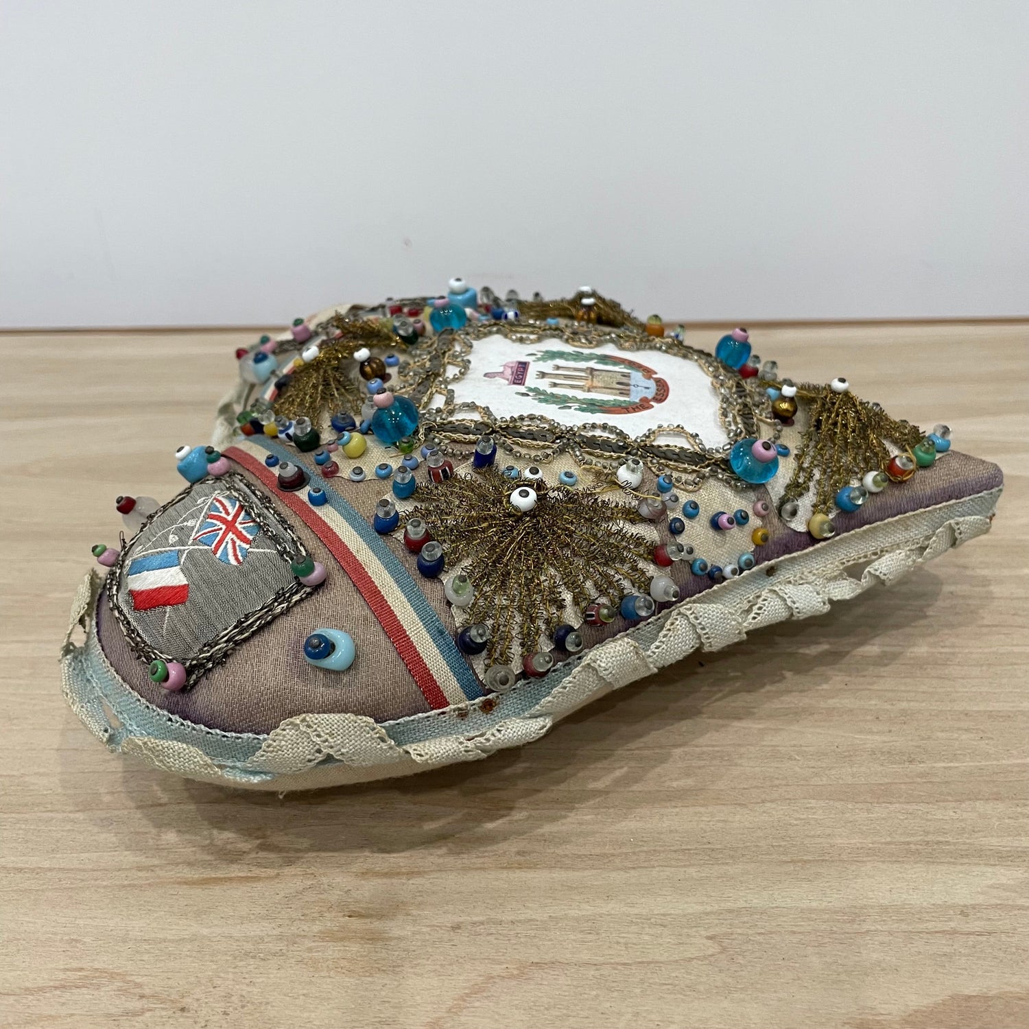 WW1 Beaded Heart Pin Cushion – Essex Regiment Egypt Badge – Patriotic Trench Art Souvenir