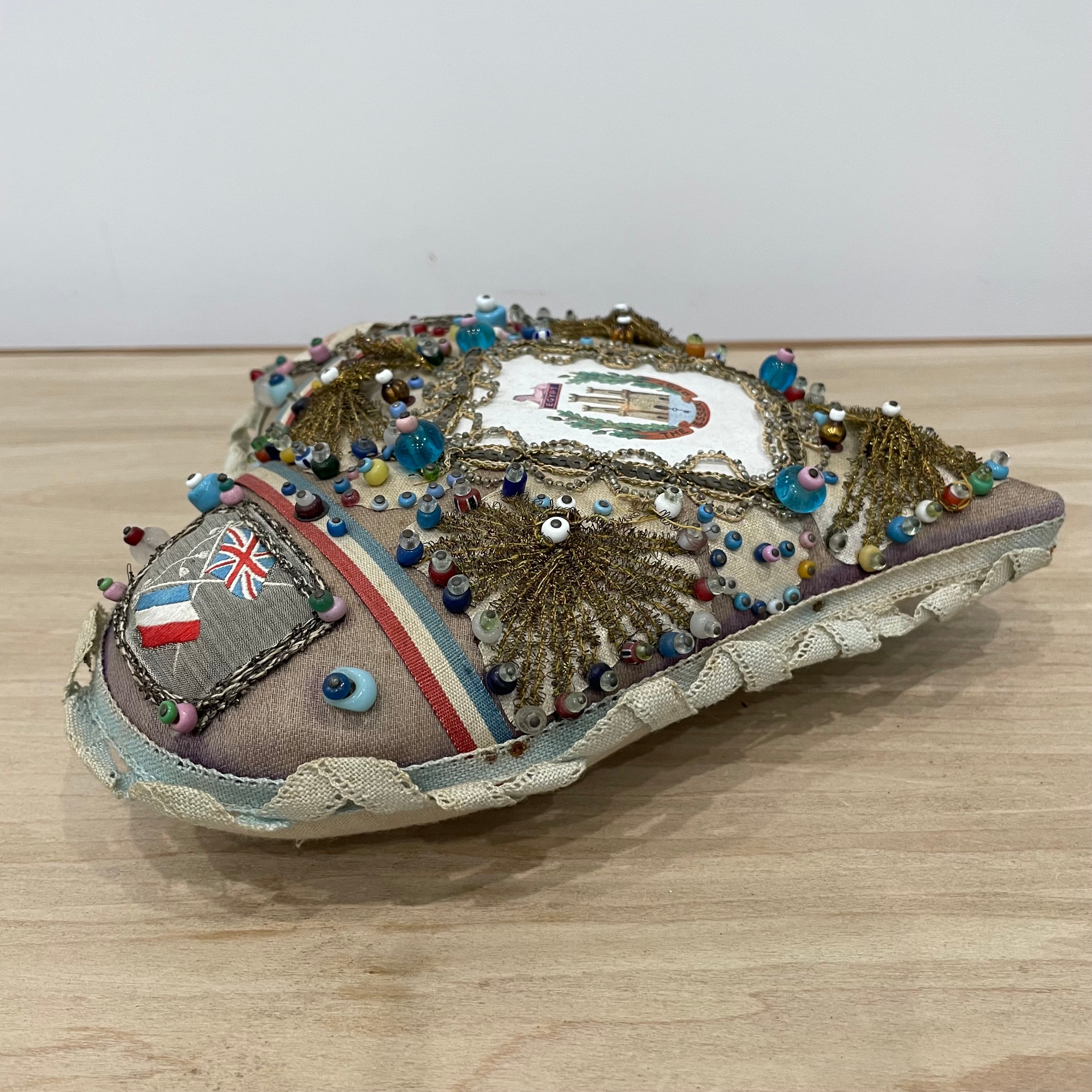 WW1 Beaded Heart Pin Cushion – Essex Regiment Egypt Badge – Patriotic Trench Art Souvenir