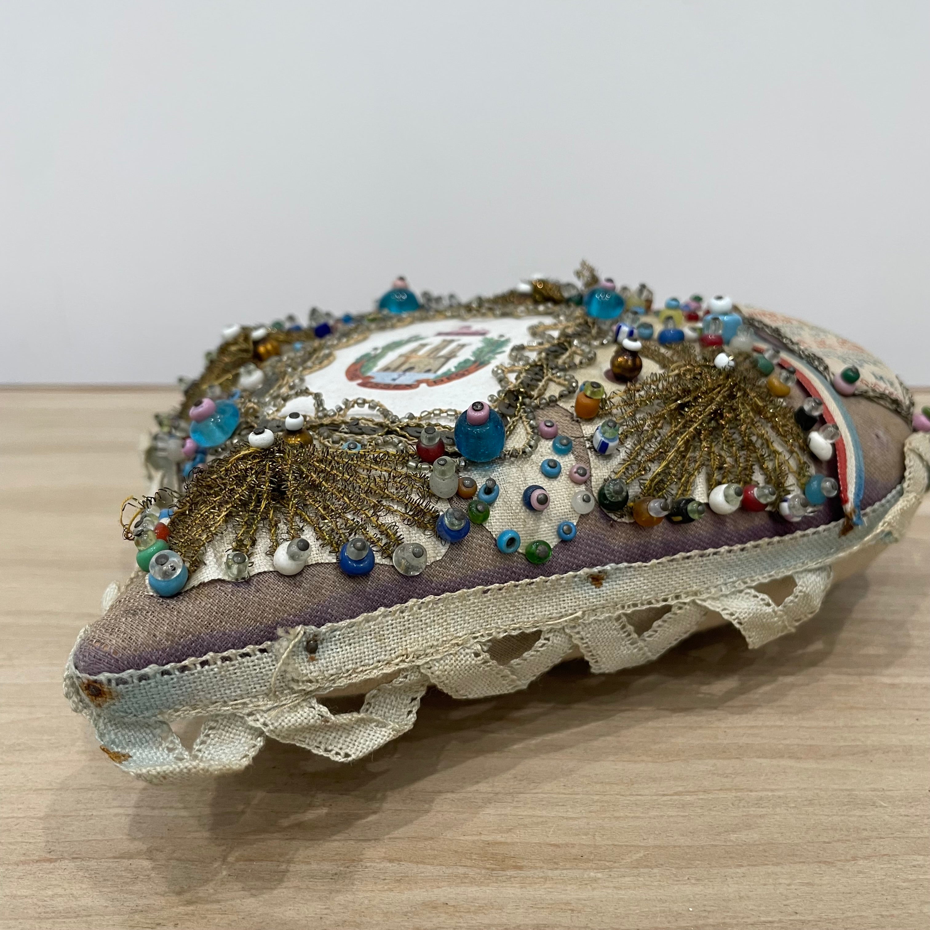 WW1 Beaded Heart Pin Cushion – Essex Regiment Egypt Badge – Patriotic Trench Art Souvenir