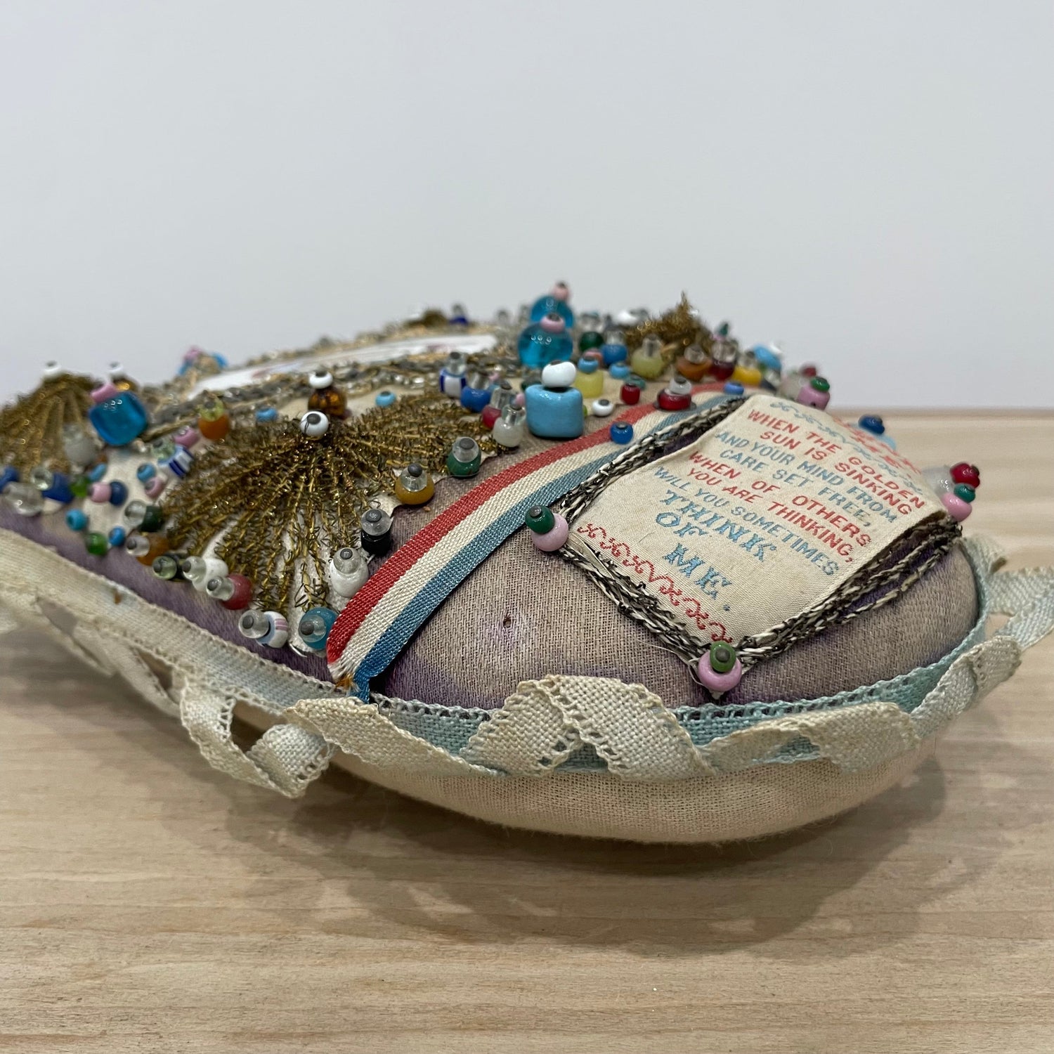 WW1 Beaded Heart Pin Cushion – Essex Regiment Egypt Badge – Patriotic Trench Art Souvenir