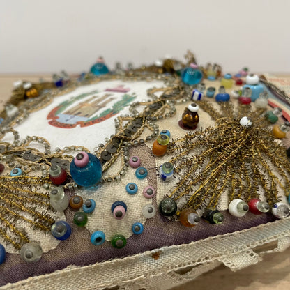 WW1 Beaded Heart Pin Cushion – Essex Regiment Egypt Badge – Patriotic Trench Art Souvenir