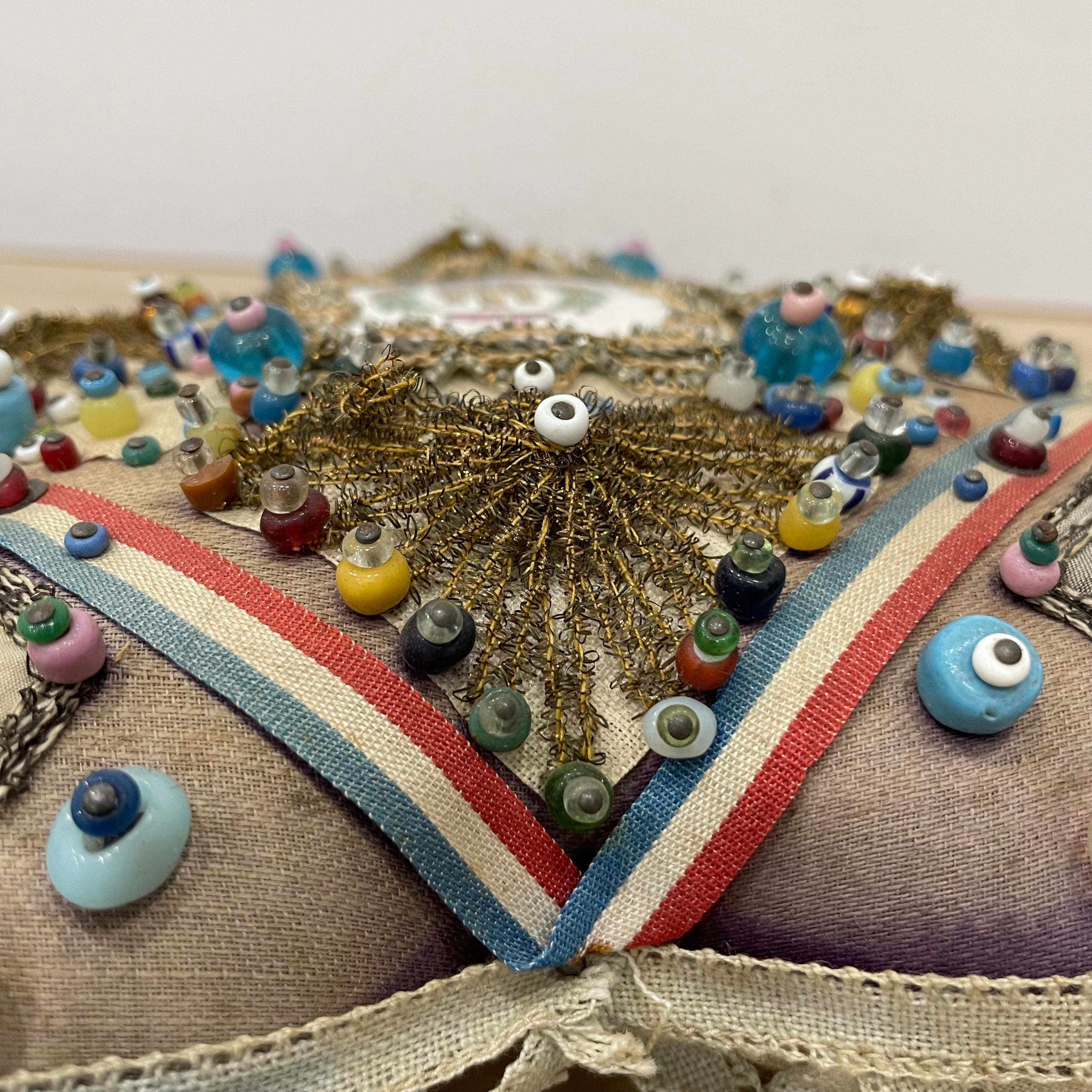 WW1 Beaded Heart Pin Cushion – Essex Regiment Egypt Badge – Patriotic Trench Art Souvenir