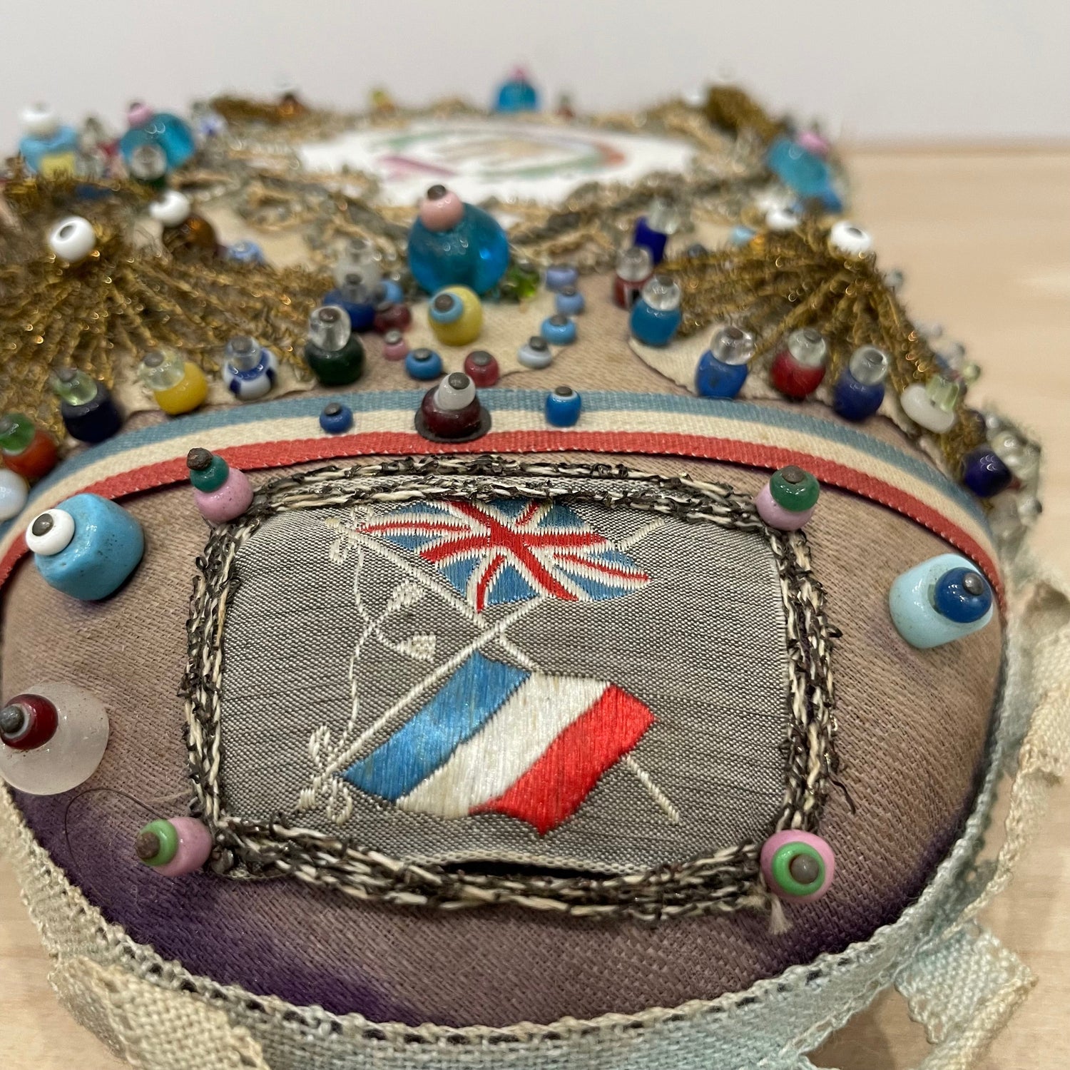 WW1 Beaded Heart Pin Cushion – Essex Regiment Egypt Badge – Patriotic Trench Art Souvenir