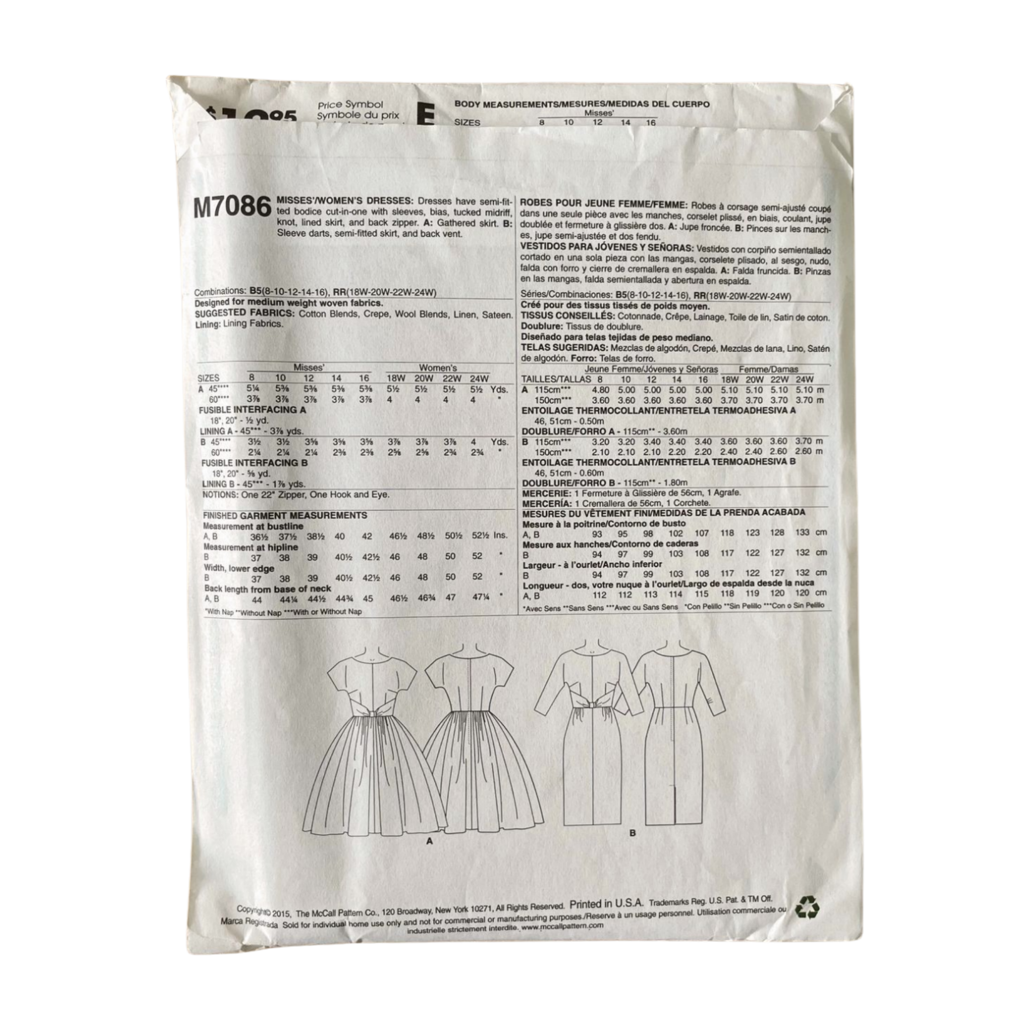 McCalls  M7066 Womens Size 6-14 Dress FF