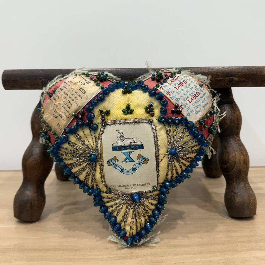 WW1 Beaded Heart Pin Cushion – Lincolnshire Regiment 10th Foot – Egypt Sphinx